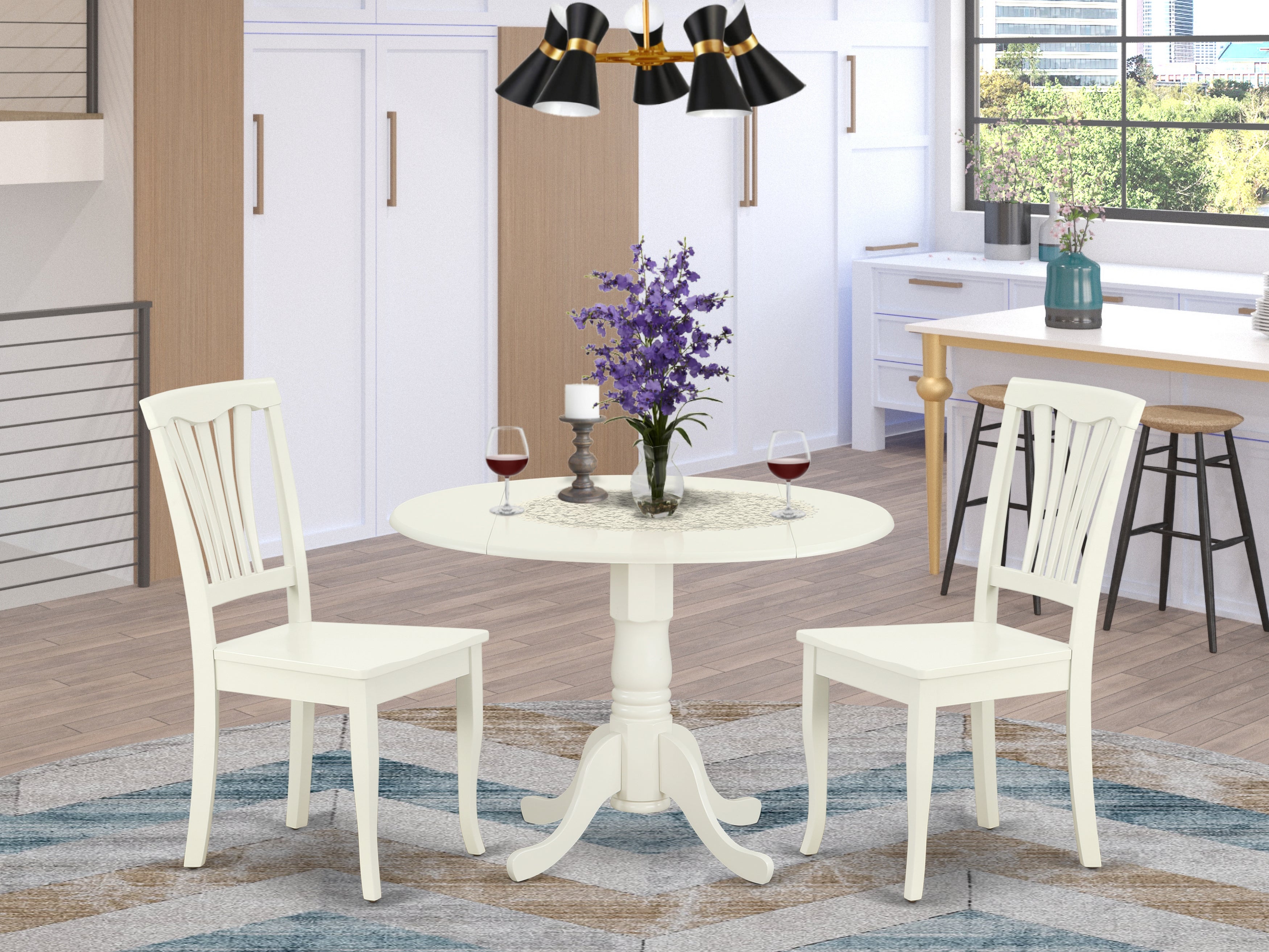 DLAV3-LWH-W 3PC Round 42 inch Table with Two 9-Inch Drop Leaves and 2 vertical slatted Chairs