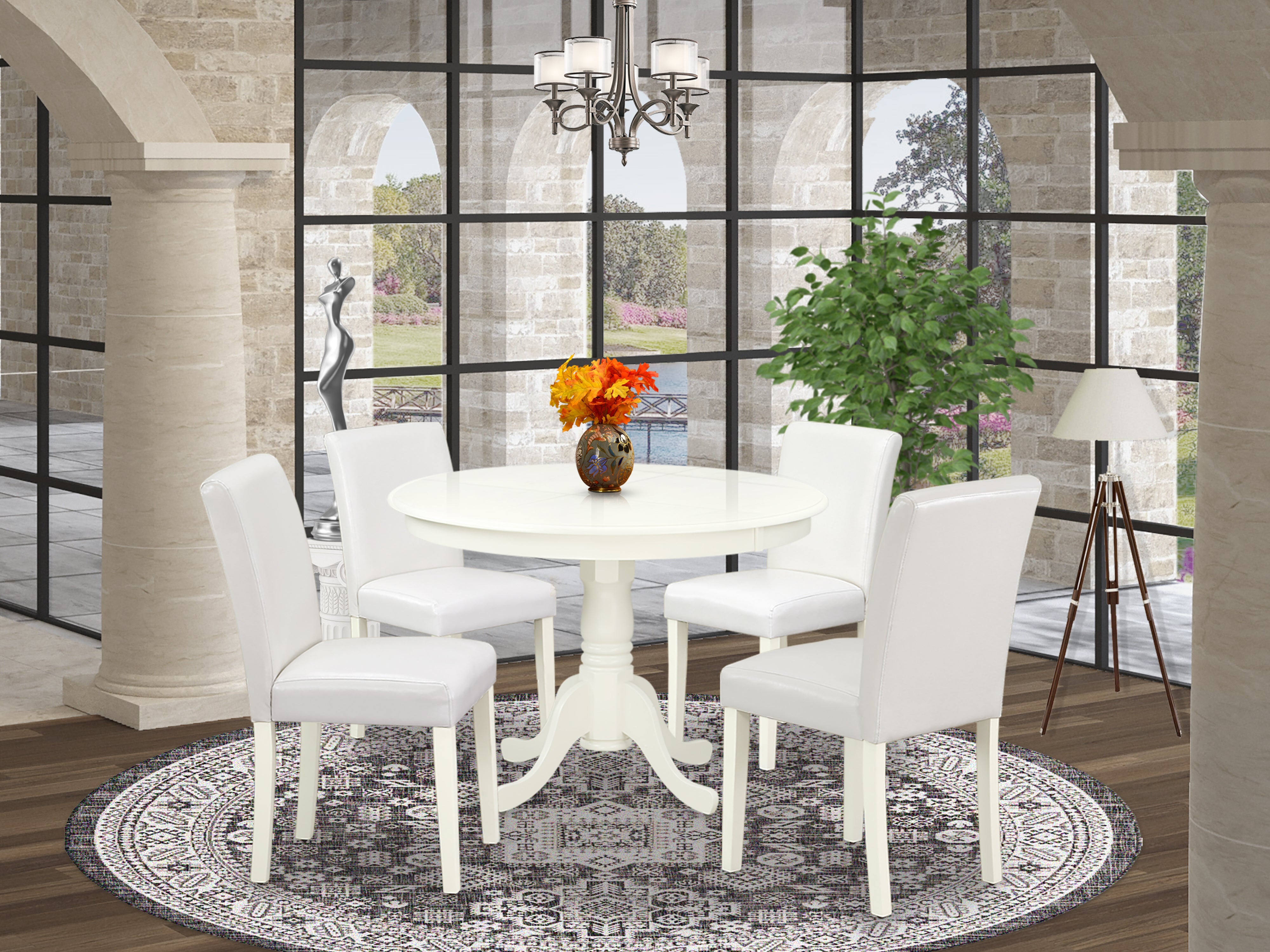 HLAB5-LWH-64 5Pc Round 42 Inch Dinette Table And Four Parson Chair With Linen White Leg And Pu Leather Color White