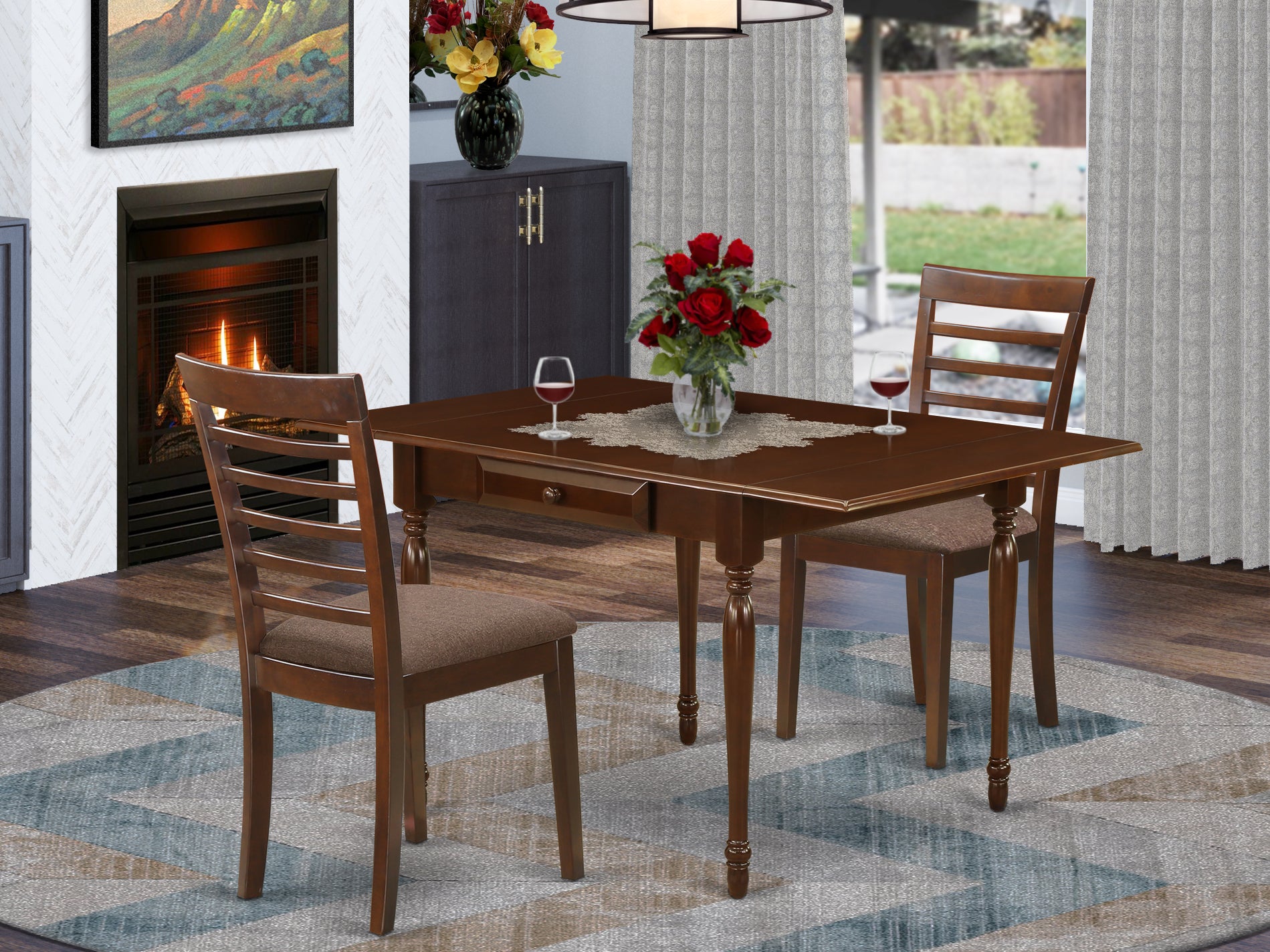 East West Furniture MZML3-MAH-C 3 Pieces Dining Table set - Heavy Duty Two 9-Inch Drop Down Leaves Real Wood Dining Table and 2 Microfiber Upholstery Seat Wood Dining Chairs, Mahogany Finish