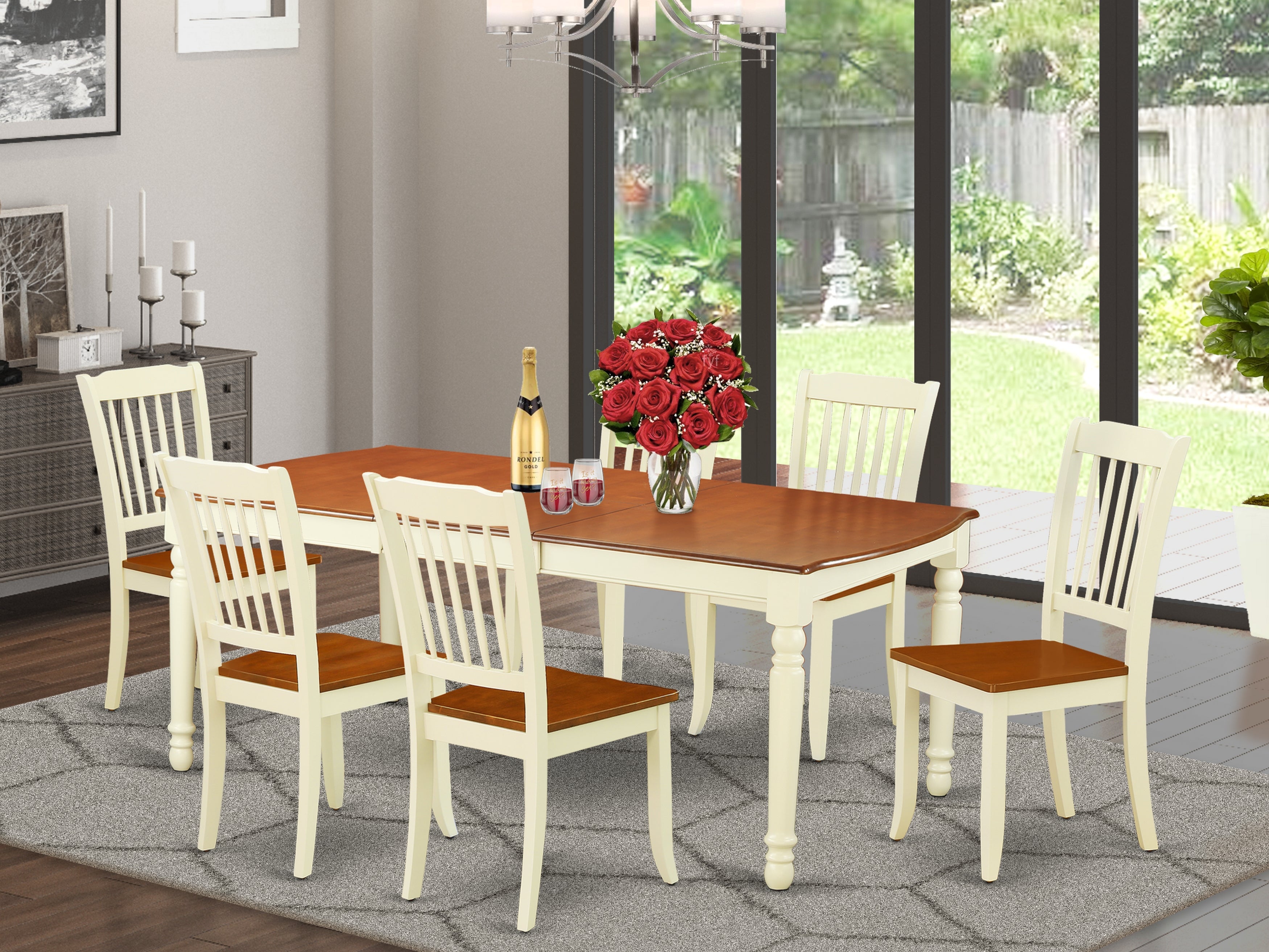 DODA7-BMK-W 7PC Rectangular 60/78 inch Table with 18 In Leaf and 6 vertical slatted Chairs