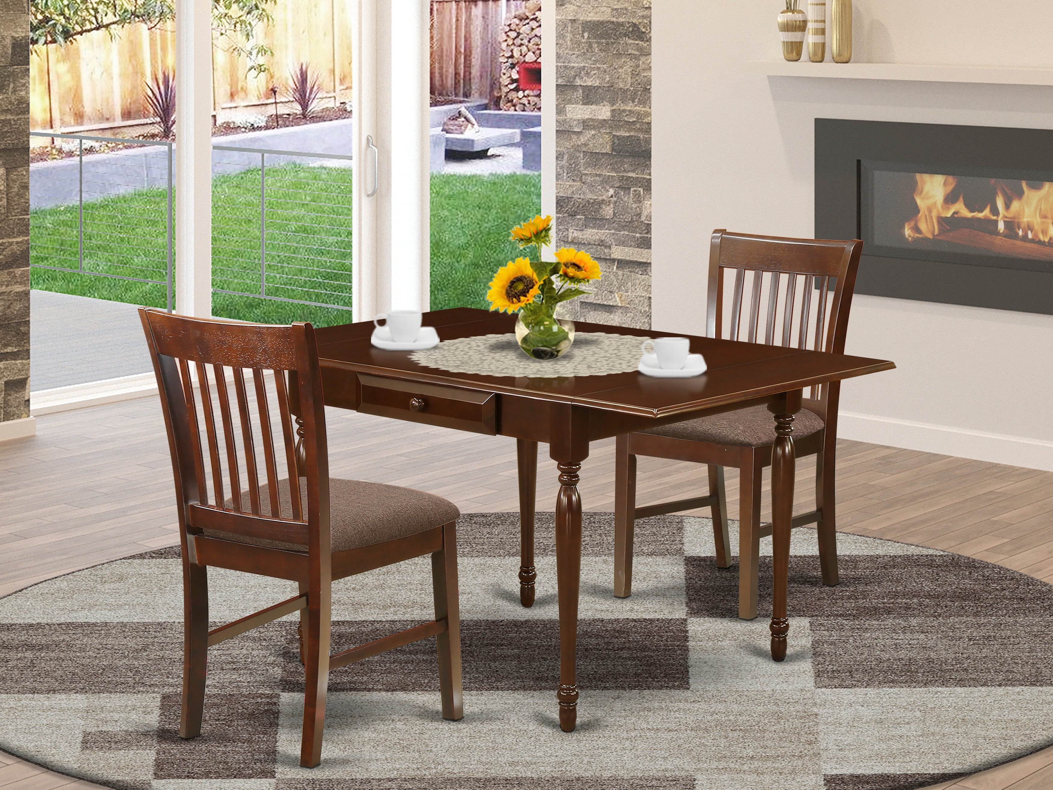 East West Furniture MZNO3-MAH-C 3 Pieces Dining Room Table set - Strong Two 9-Inch Drop Down Leaves Solid Wood Dining Table and 2 Chocolate Microfiber Upholstery Seat Kitchen Dining Chairs, Mahogany Finish