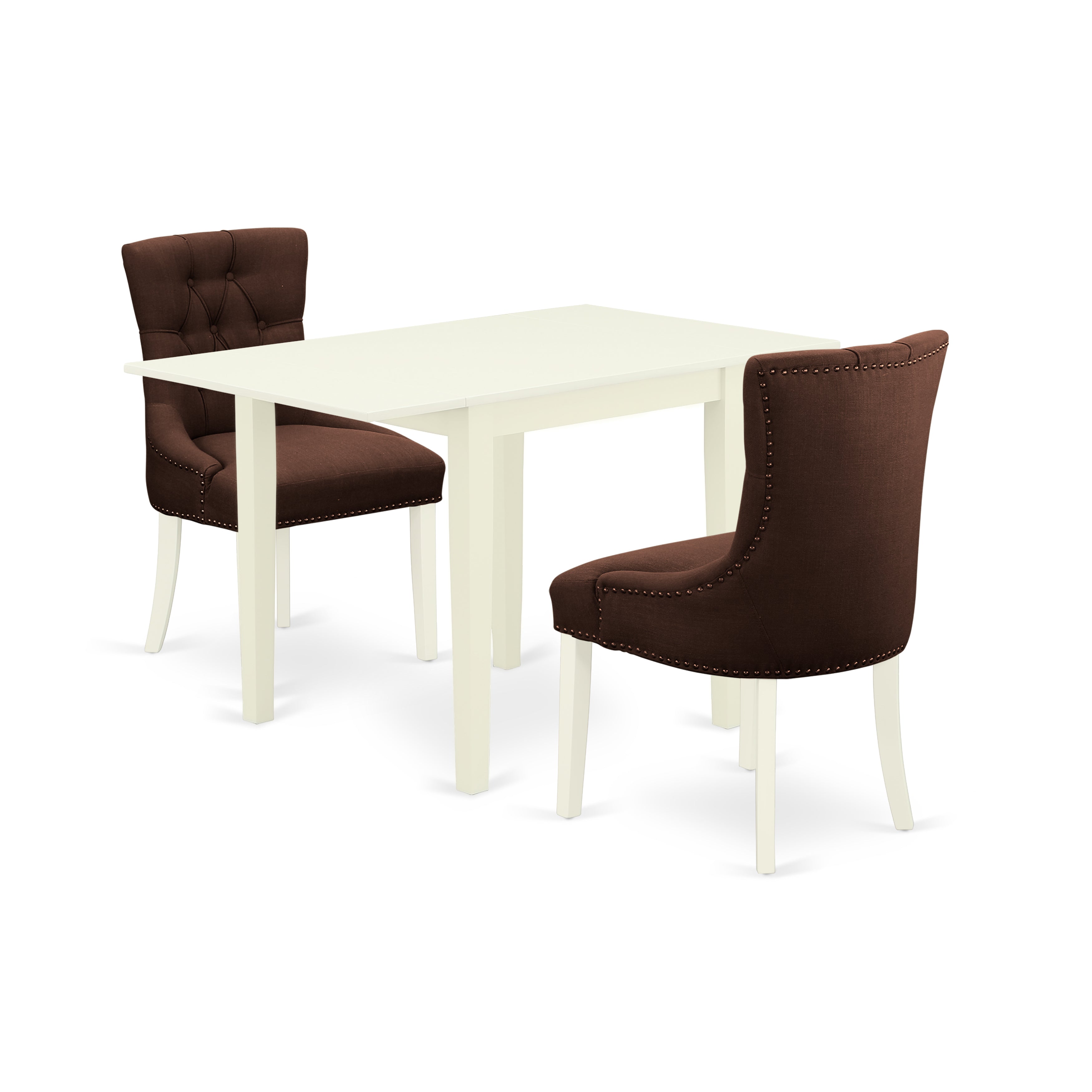East West Furniture NDFR3-LWH-19 Dinette Set 3 Pcs - 2 Dining Room Chairs and wood table - Linen White Finish Wood - Chocolate Color Linen Fabric
