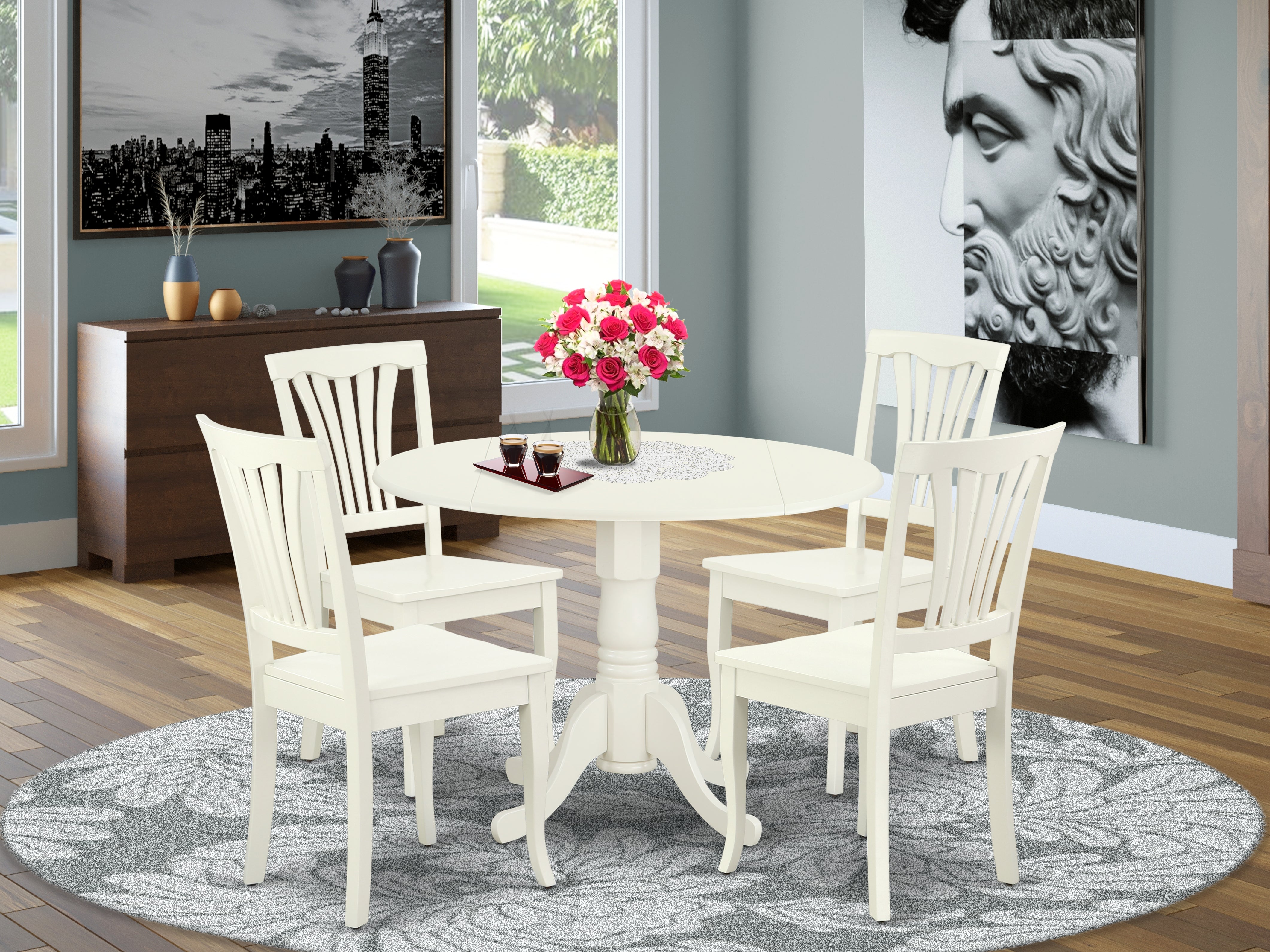 DLAV5-LWH-W 5PC Round 42 inch Table with Two 9-Inch Drop Leaves and 4 vertical slatted Chairs