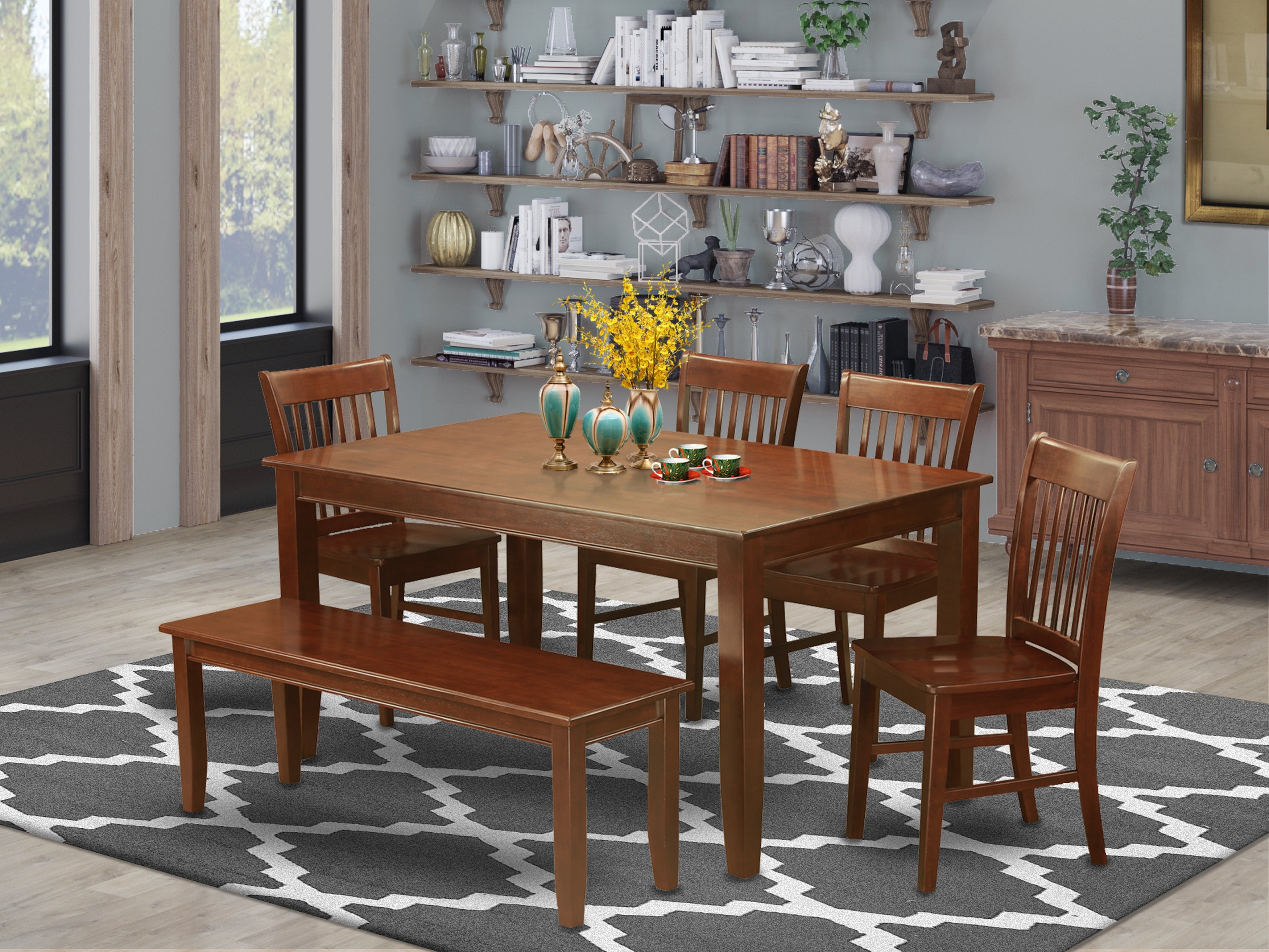 DUNO6D-MAH-W 6 Pc Dining room set with bench set-Table and 4 Dining Chairs and Bench