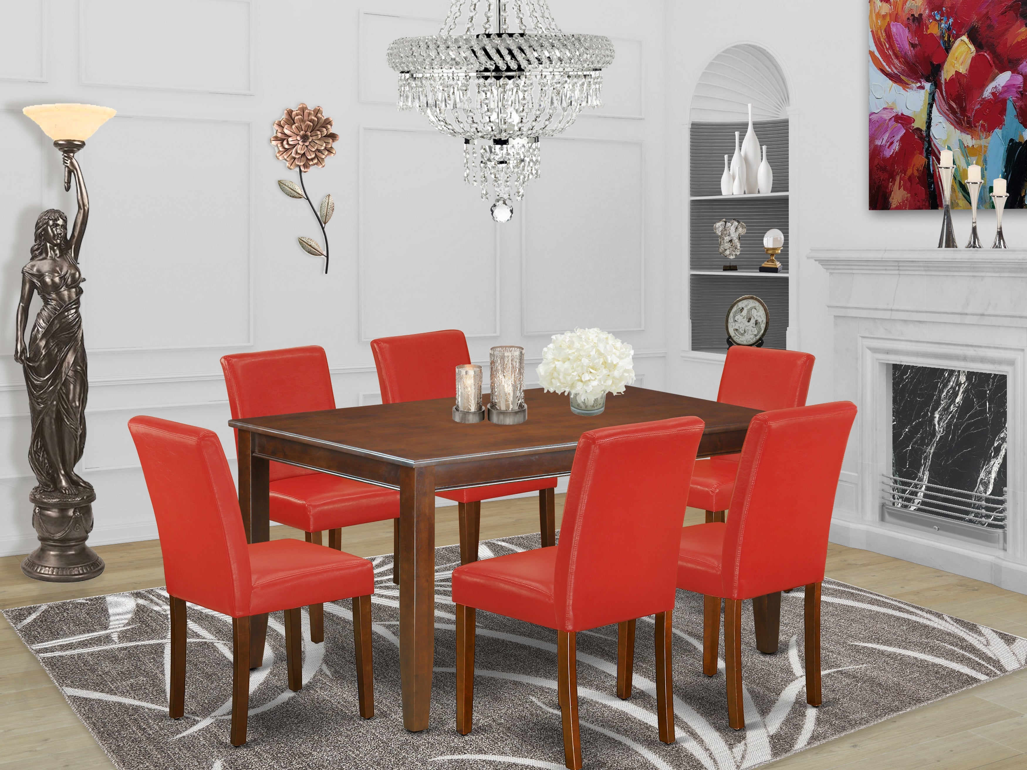 DUAB7-MAH-72 7Pc Rectangular 60 Inch Dining Table And Six Parson Chair With Mahogany Leg And Pu Leather Color Firebrick Red