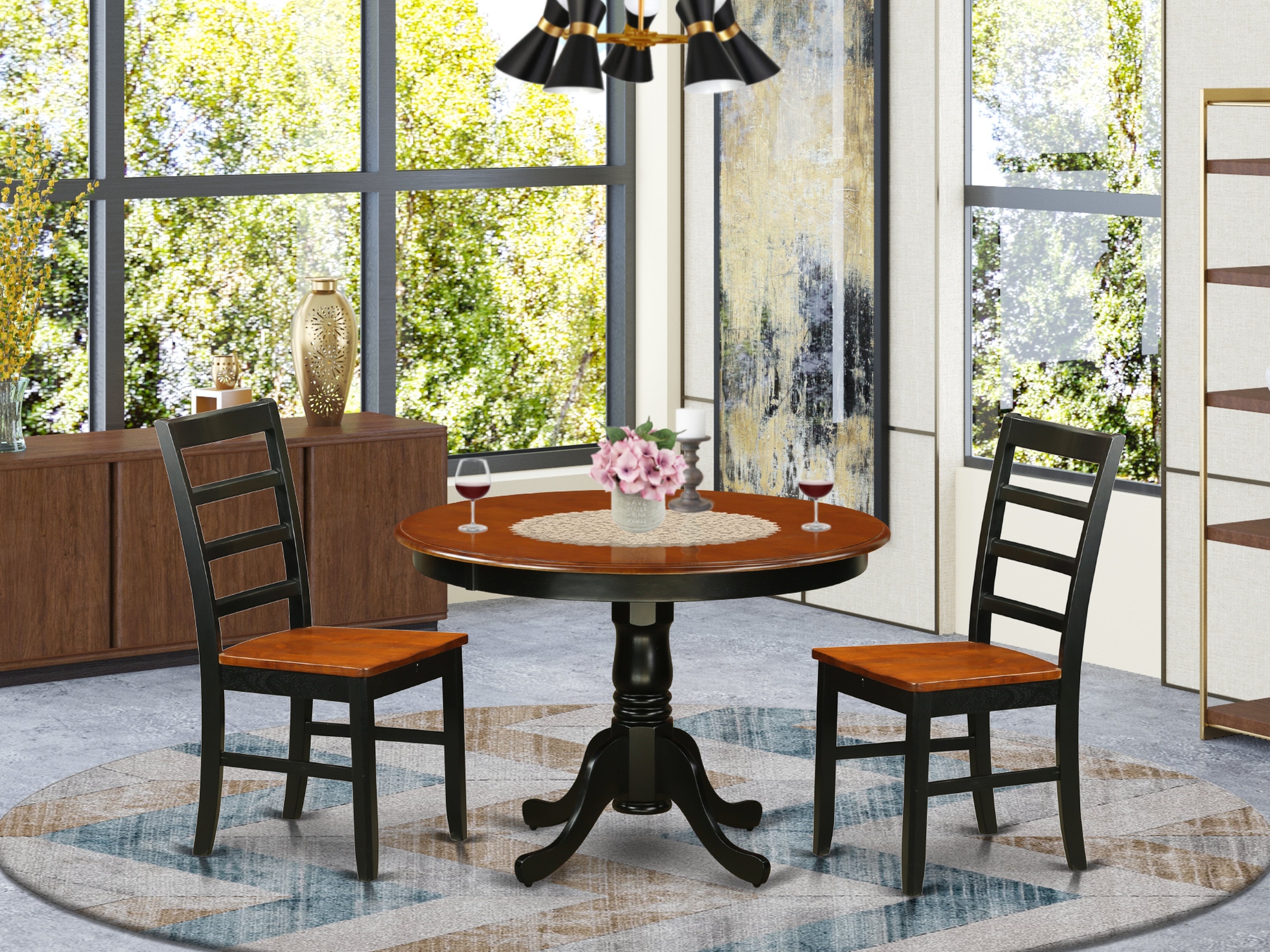 HLPF3-BCH-W 3 Pc set with a Round Small Table and 2 Leather Dinette Chairs in Black and Cherry