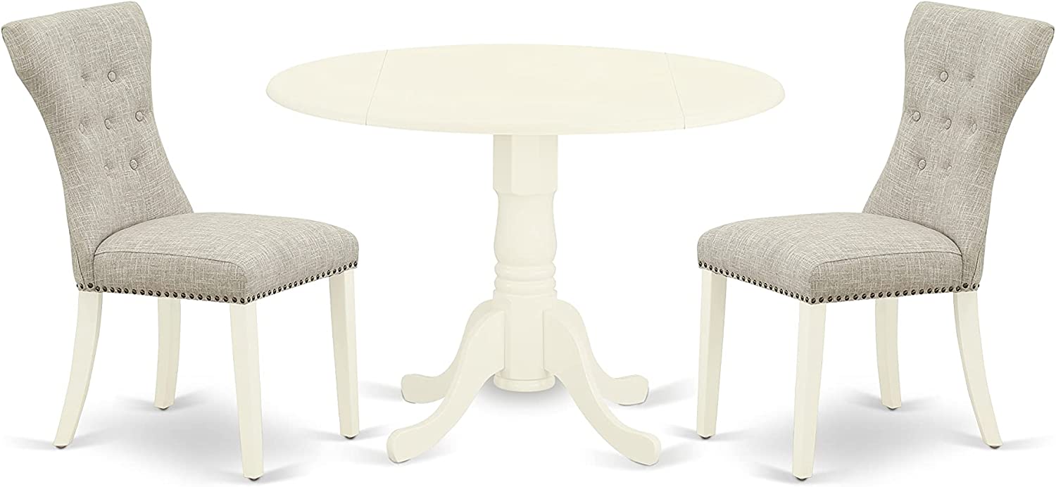 East West Furniture DLGA3-WHI-35 3-Pc Round Dinette Set Included a Wood Kitchen Table & 2 Dining Room Chairs, Doeskin Linen Fabric Dining Room Chairs Seat with Rubber Wood Legs, Linen White Finish