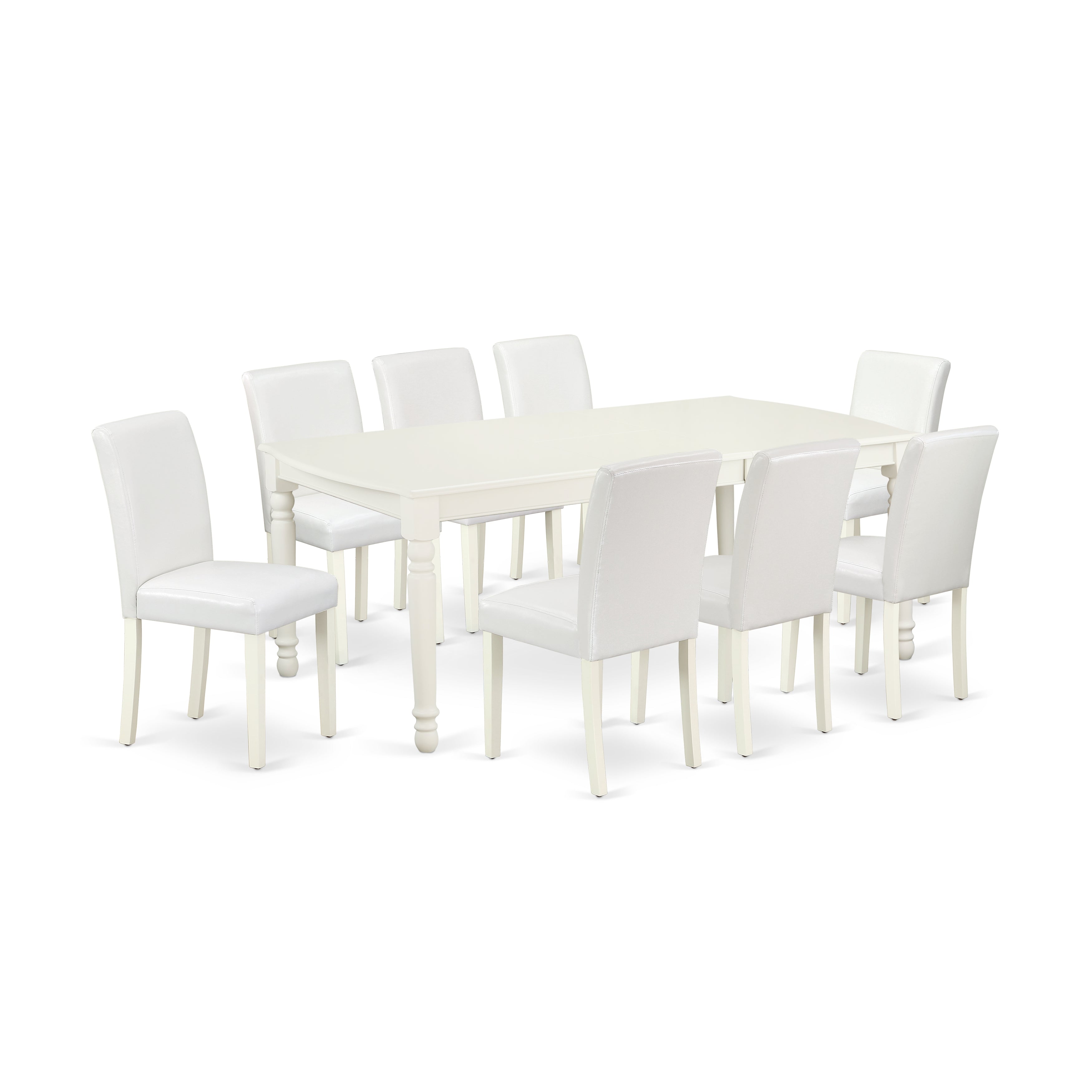 DOAB9-LWH-64 9Pc Rectangle 60/78 Inch Dining Table With 18 In Leaf And 8 Parson Chair With Linen White Leg And Pu Leather Color White