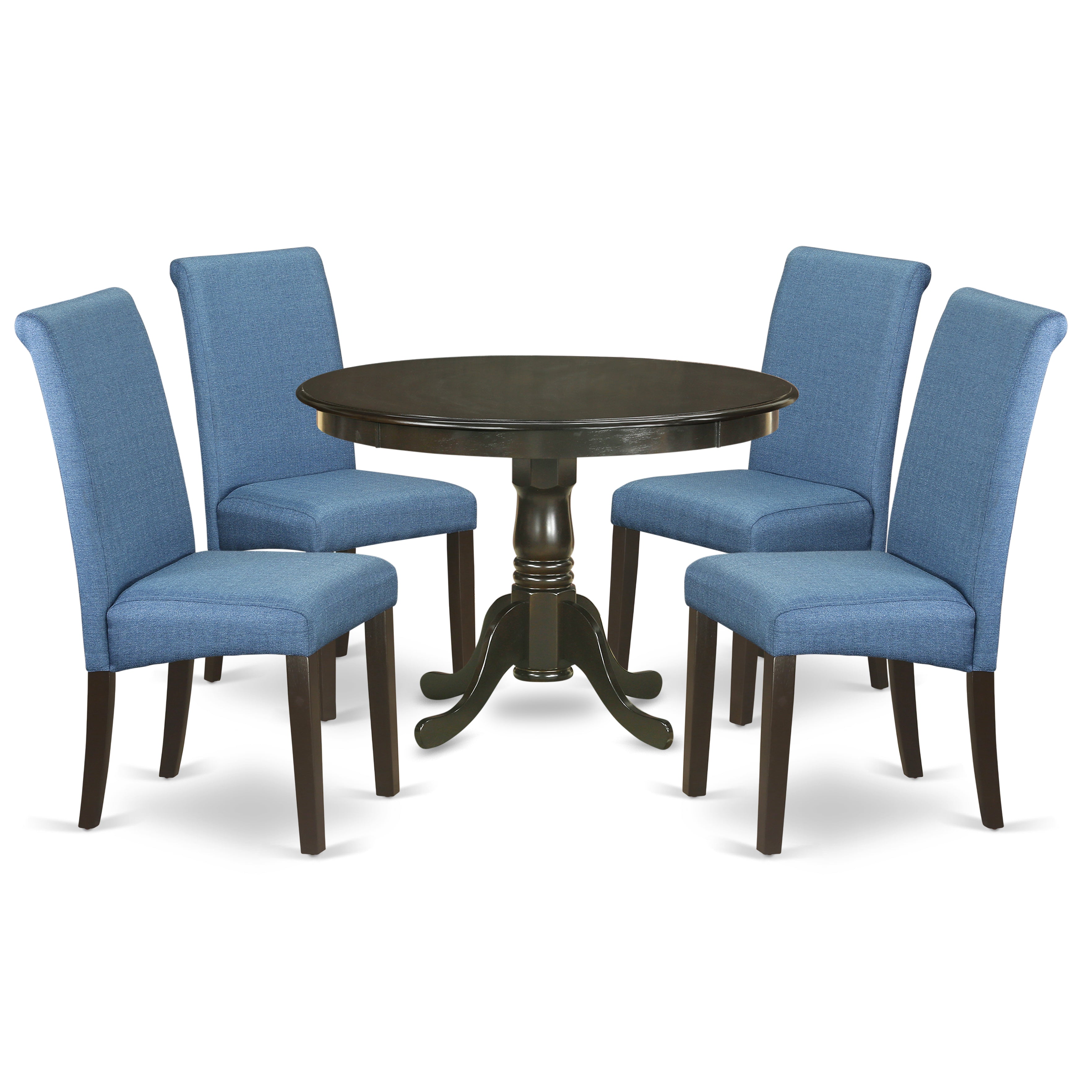 HLBA5-CAP-21 5Pc Small Round kitchen table with linen Blue fabric kitchen chairs with cappuccino chair legs