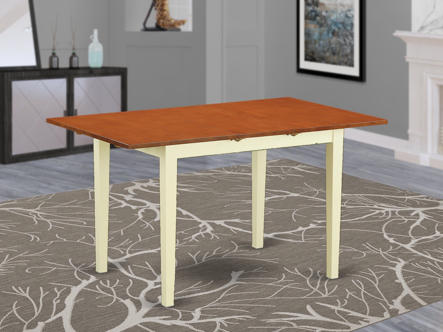 NFT-WHI-T Norfolk rectangular table with 12" Butterfly Leaf -Buttermilk and Cherry Finish.