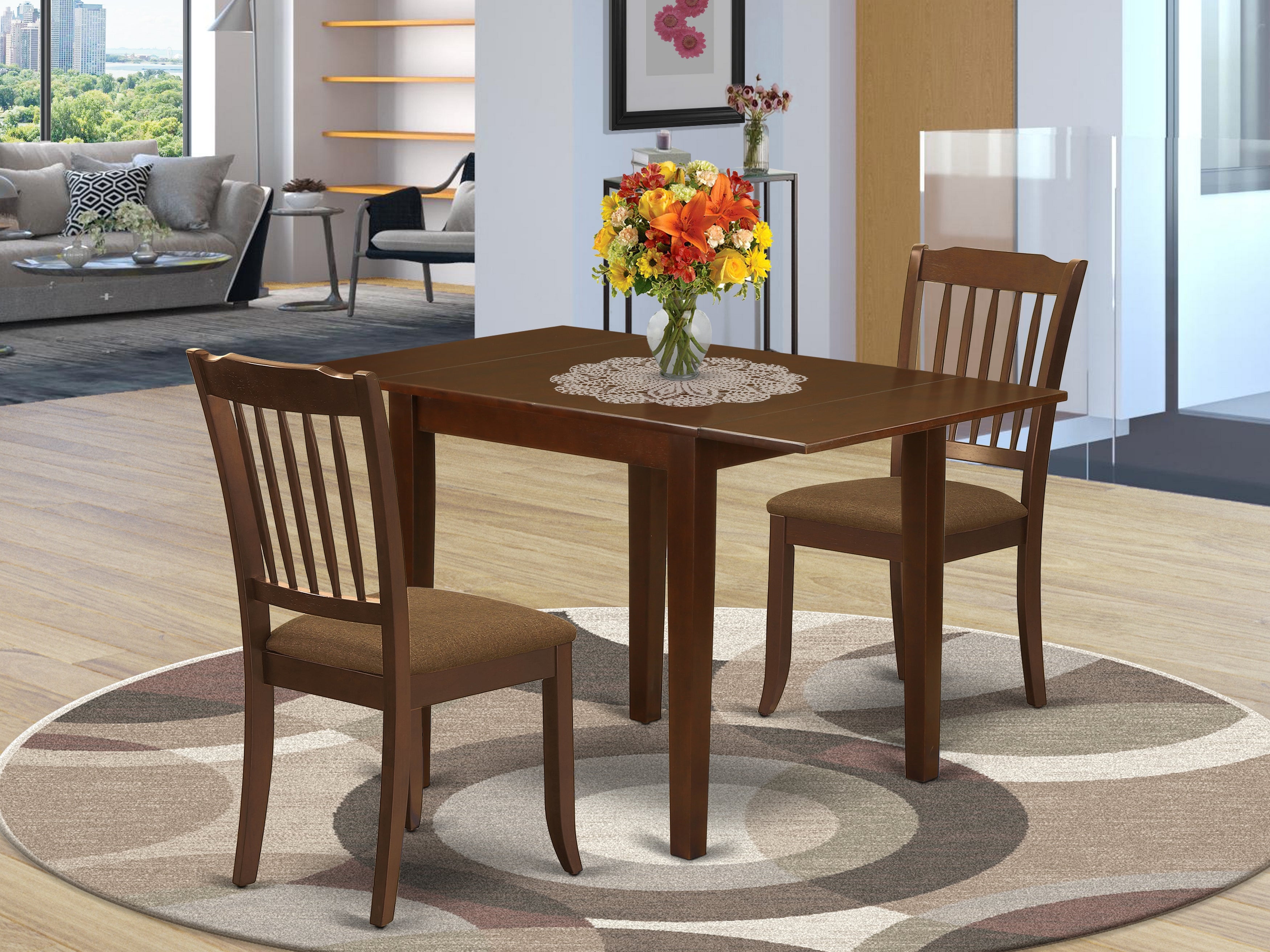 East West Furniture NDDA3-MAH-C Dining Set for 3- Two Fantastic Wood Chairs - a fabulous Dining Room Table - Mahogany Color Microfiber - Mahogany Finish Hardwood Frame