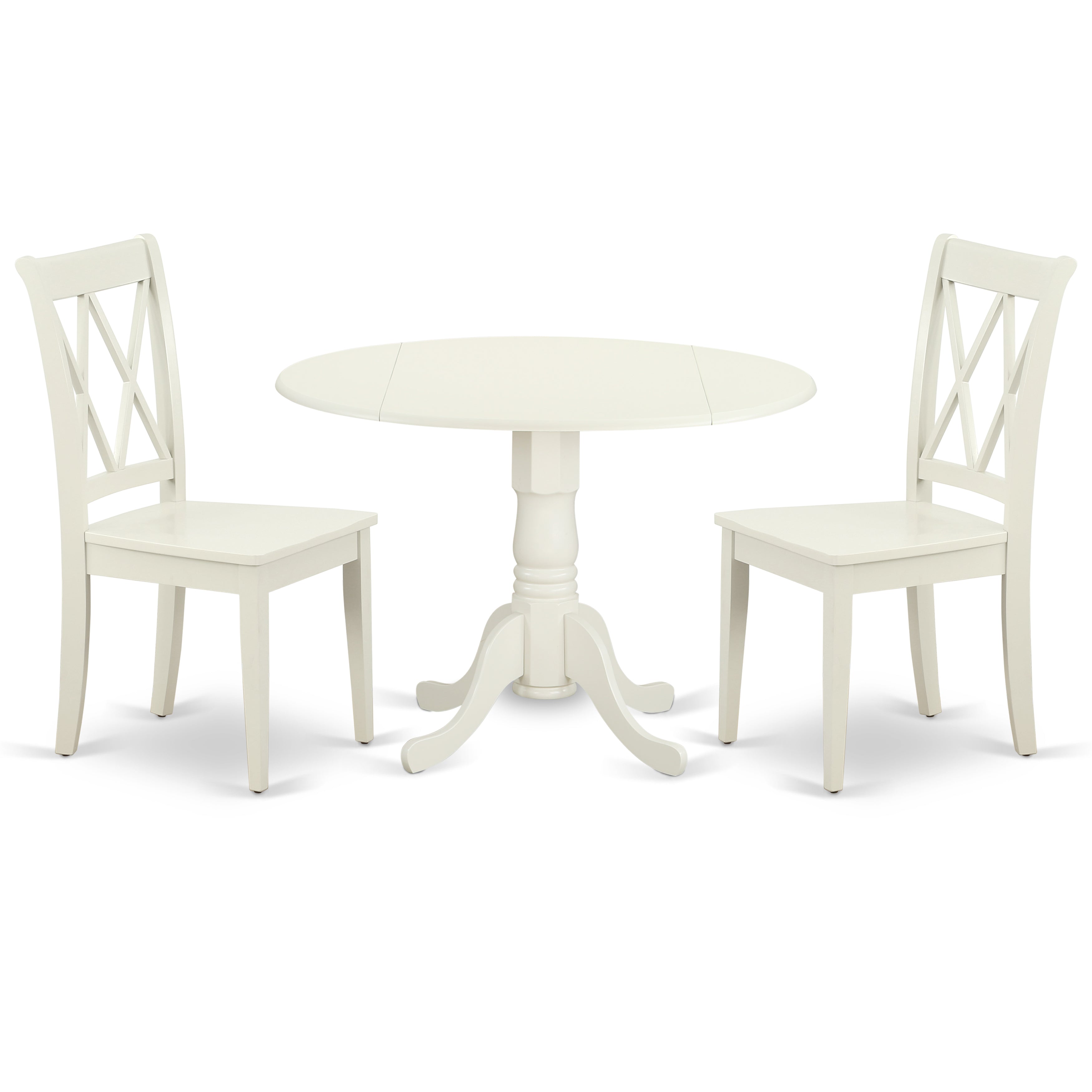 DLCL3-LWH-W 3PC Round 42 inch Table with Two 9-Inch Drop Leaves and 2 Double X back Chairs