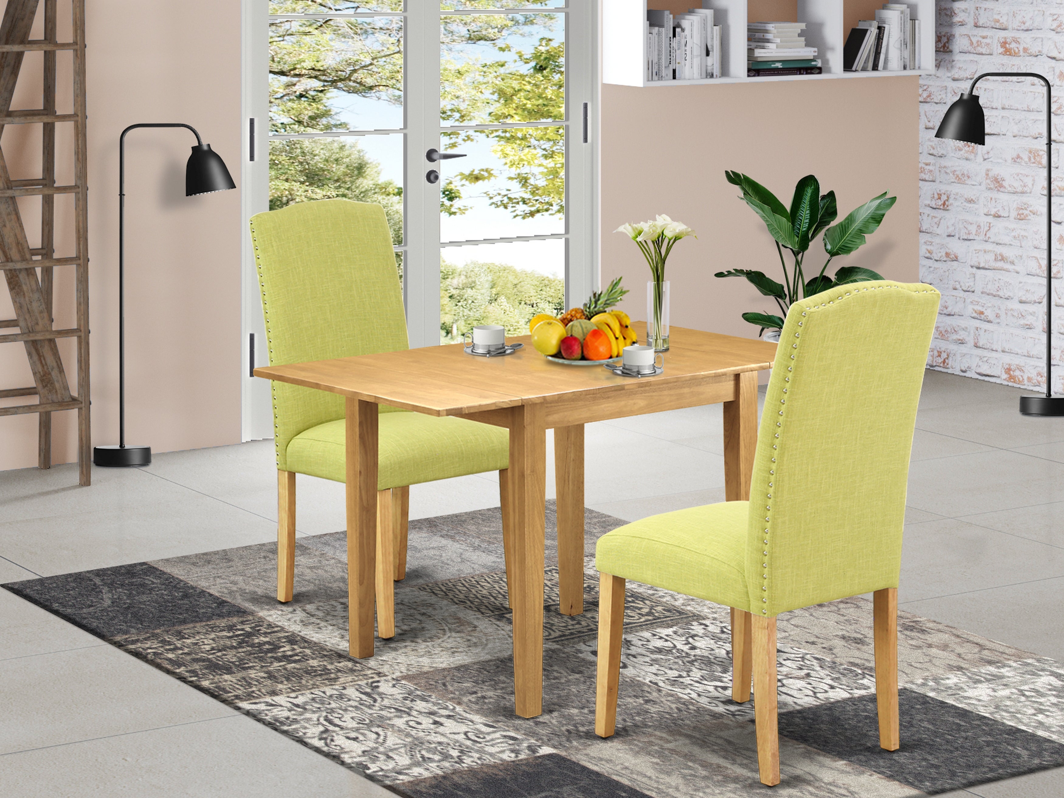 East West Furniture NDEN3-OAK-07 Modern Dining Table Set 3 Pcs - Two Parson Chairs and a Dinner Table - Oak Finish Solid wood - Limelight Color Linen Fabric