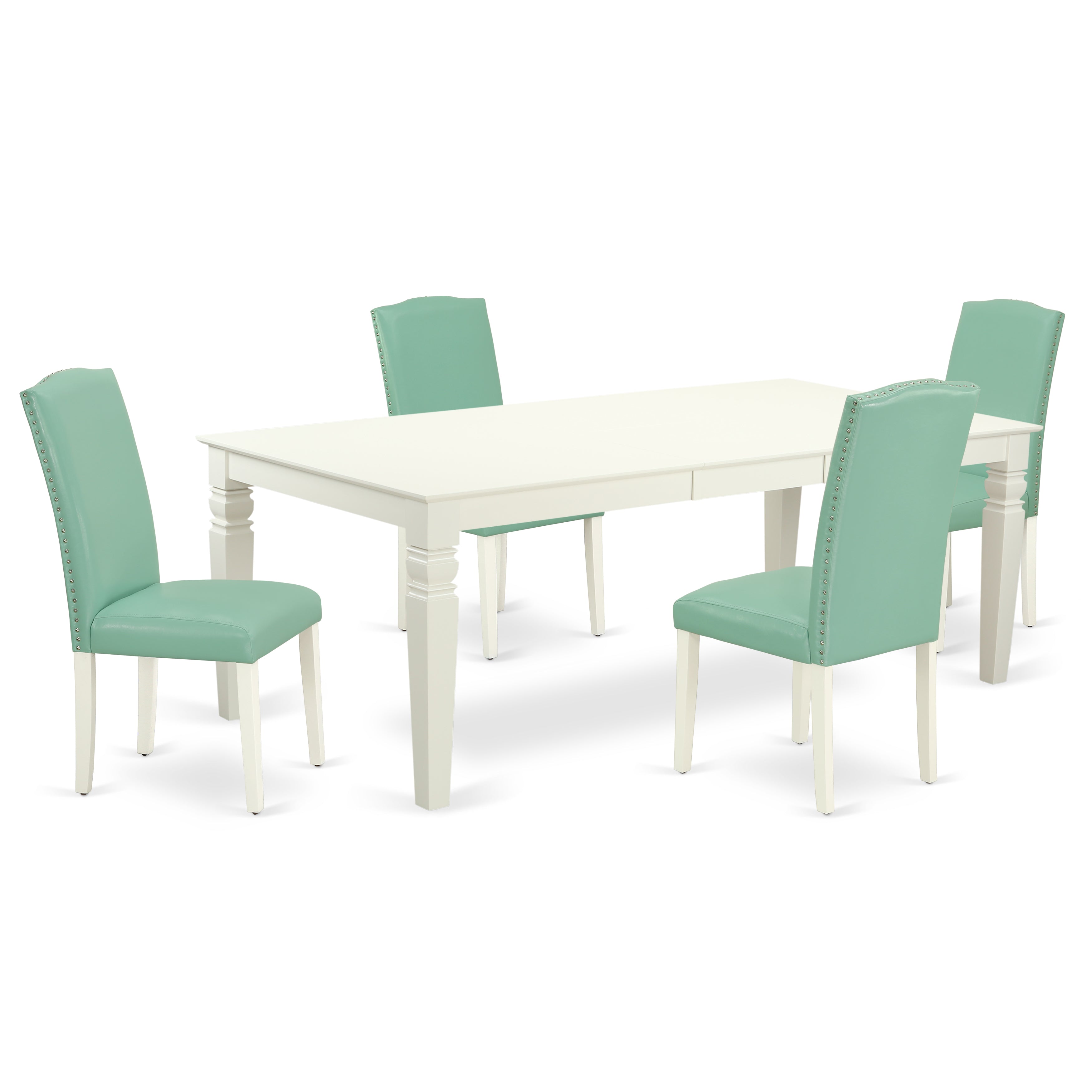 LGEN5-LWH-57 5Pc Rectangular 66/84 Inch Table With 18 In Leaf And Four Parson Chair With Linen White Leg And Pu Leather Color Pond