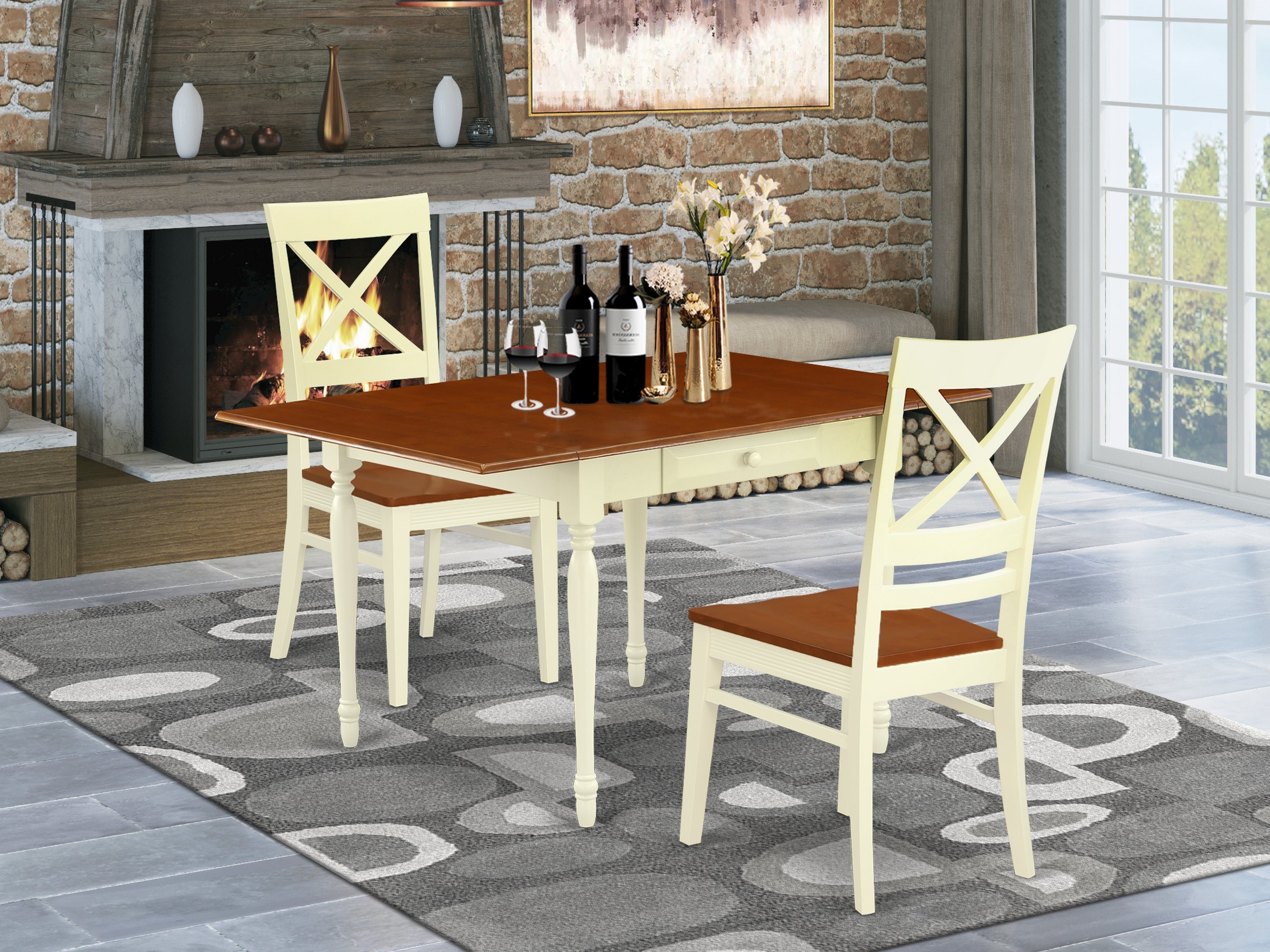 East West Furniture MZQU3-WHI-W 3 Pieces Dining Table set - Heavy Duty Drop Leaf Real Wood Rectangular Table and 2 Hardwood Seat Kitchen Chairs, Buttermilk and Cherry Finish
