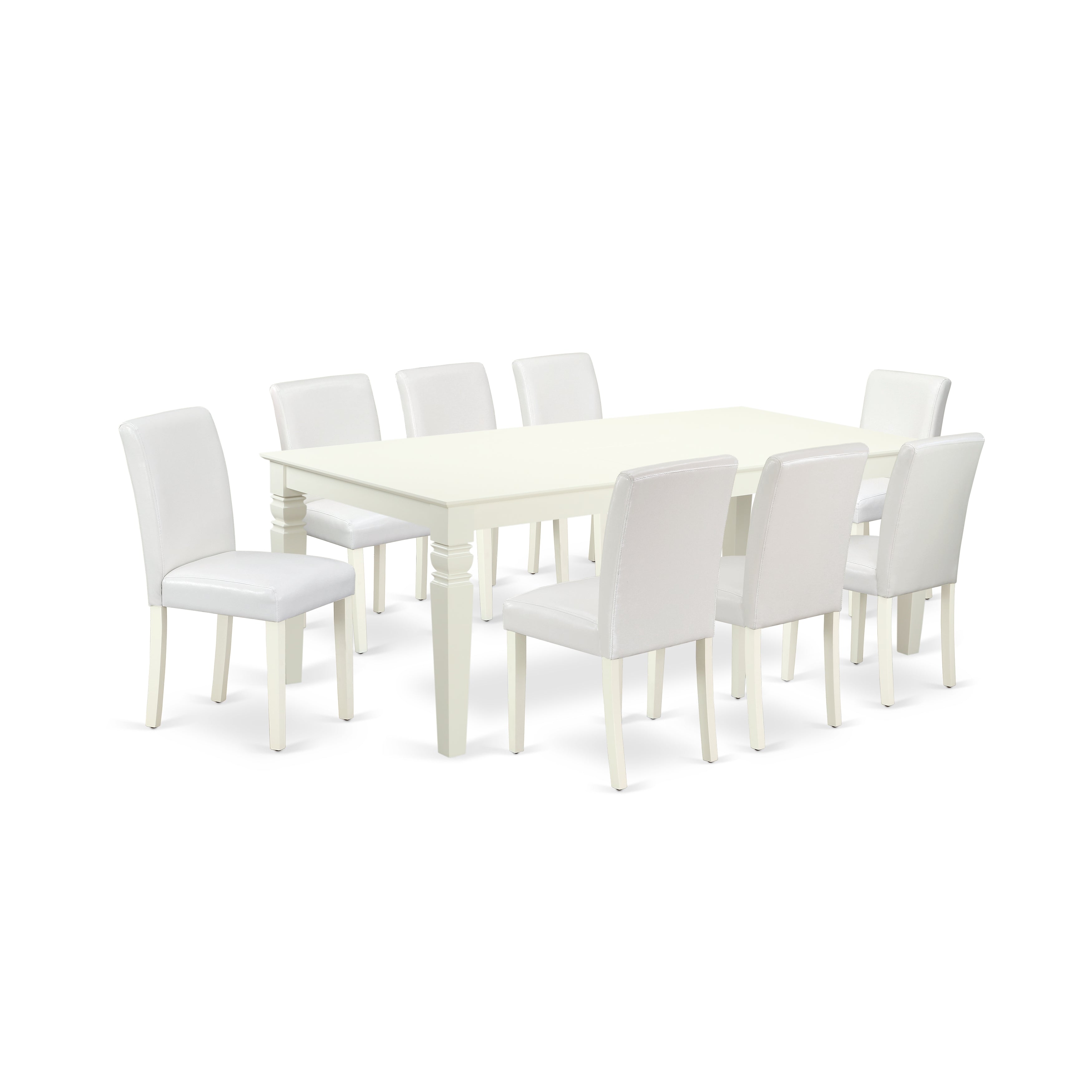 LGAB9-LWH-64 9Pc Rectangle 66/84 Inch Kitchen Table With 18 In Leaf And Eight Parson Chair With Linen White Leg And Pu Leather Color White