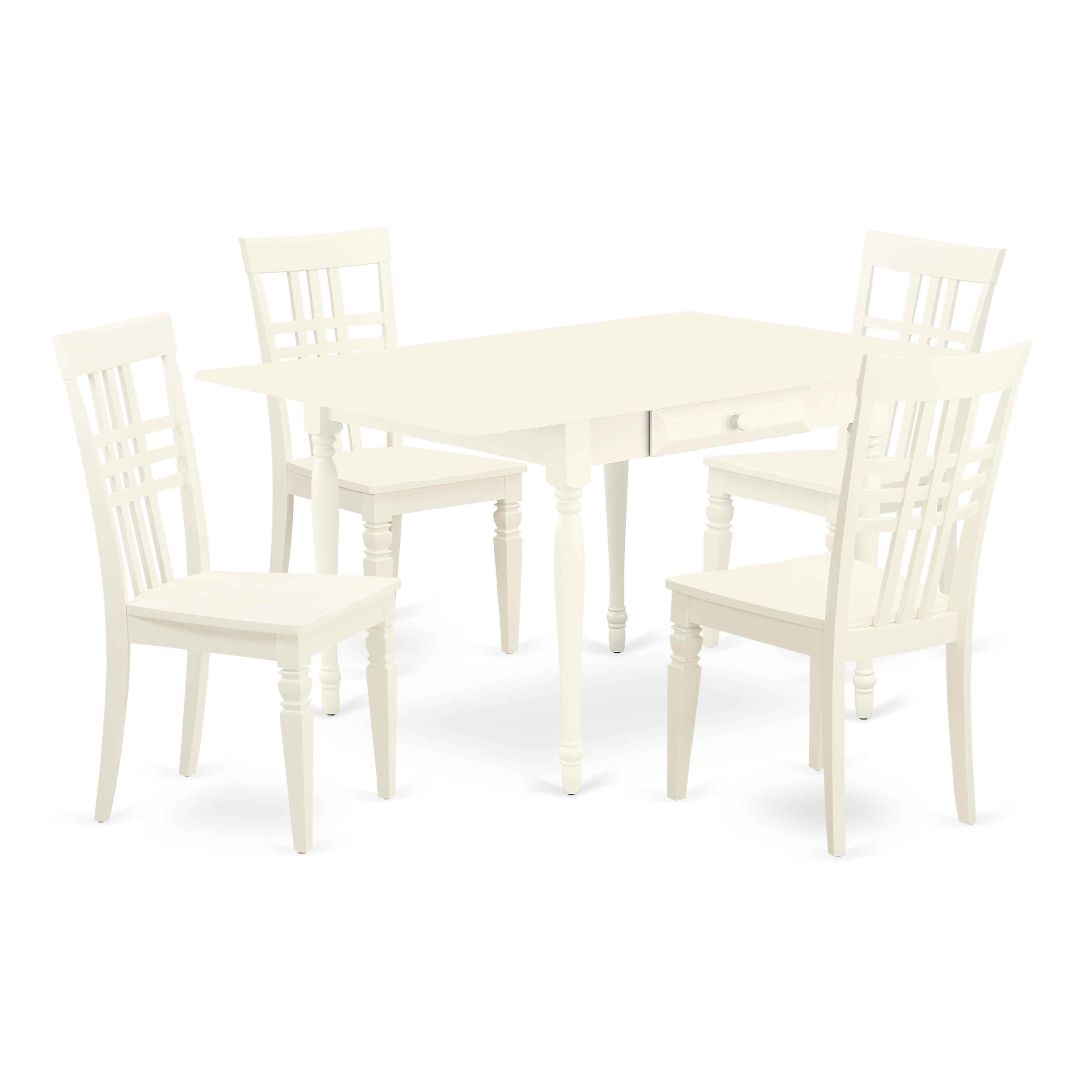 East West Furniture MZLG5-LWH-W 5 Pieces Dining Table set - Heavy Duty Two 9-Inch Drop Down Leaves Hardwood Dining Table and 4 Real Wood Seat Kitchen Chairs, Linen White Finish