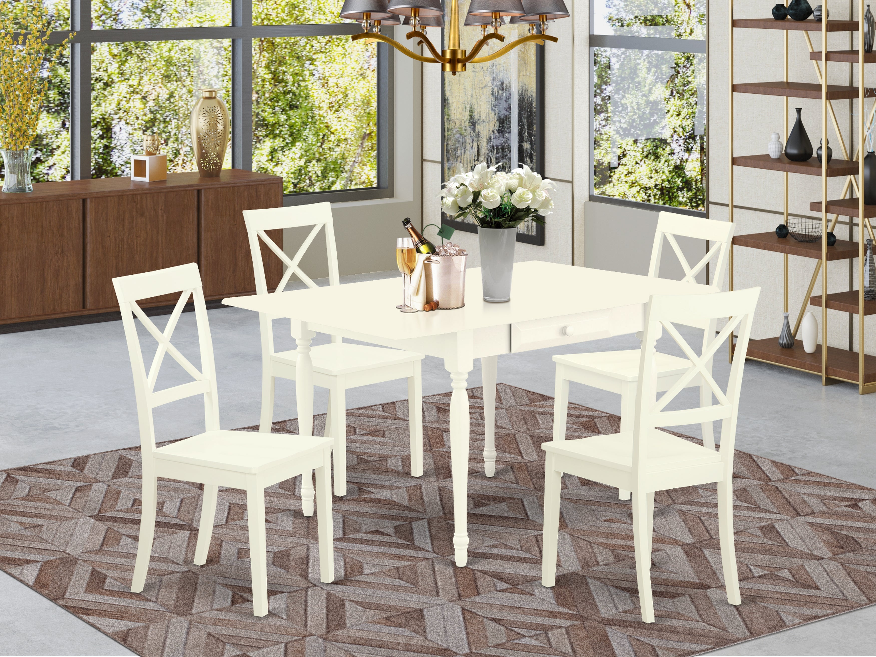 East West Furniture MZBO5-LWH-W 5Pc Kitchen Table Set Contains a Kitchen Table and 4 Kitchen Chairs with Wooden Seat, Drop Leaf Table with X Back Chairs, Linen White Finish