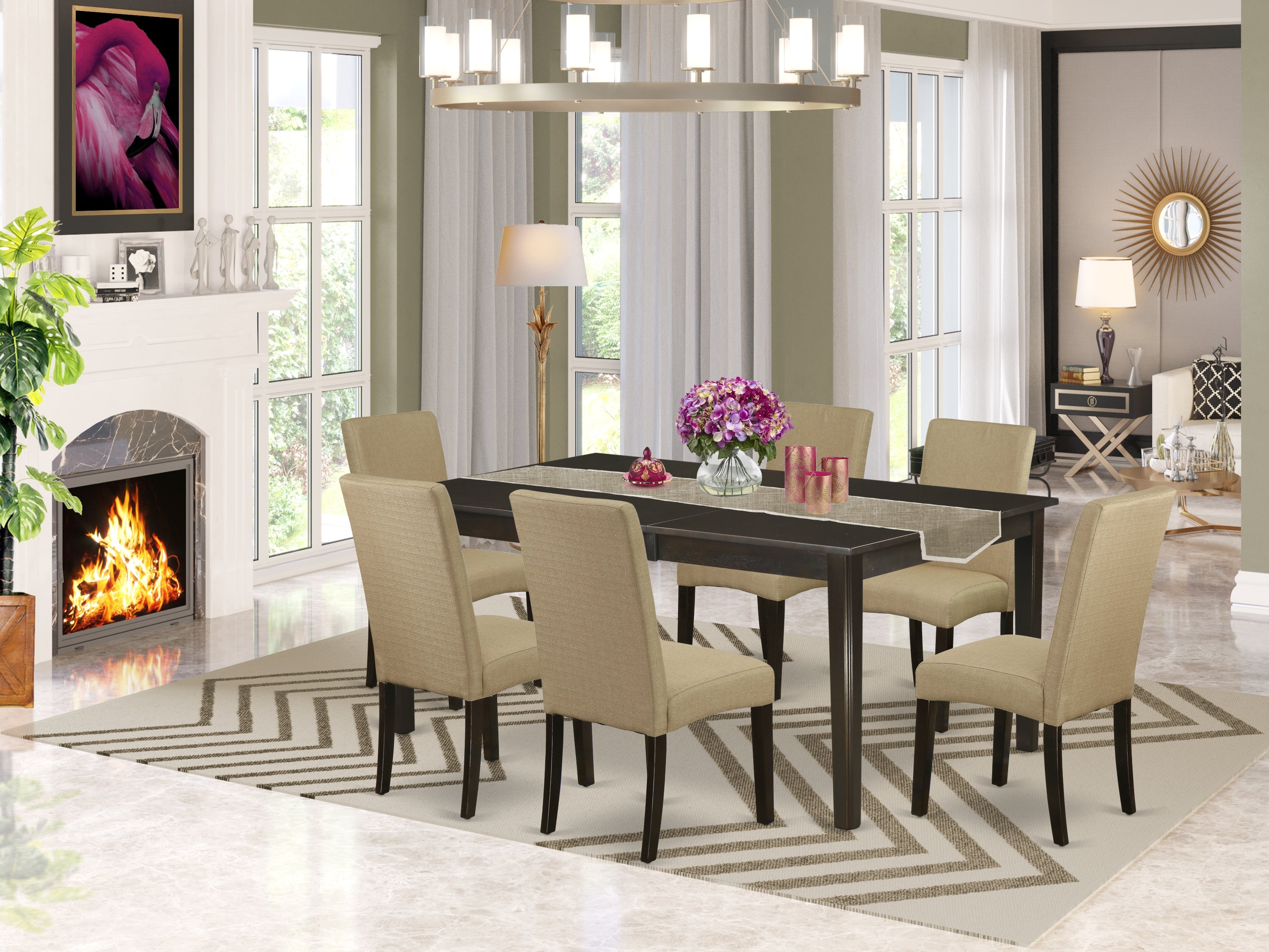 HEDR7-CAP-03 7 Pc Kitchen Set-Table With Butterfly Leaf And Six Parson Chair With Cappuccino Finish Leg And Linen Fabric- Brown Color