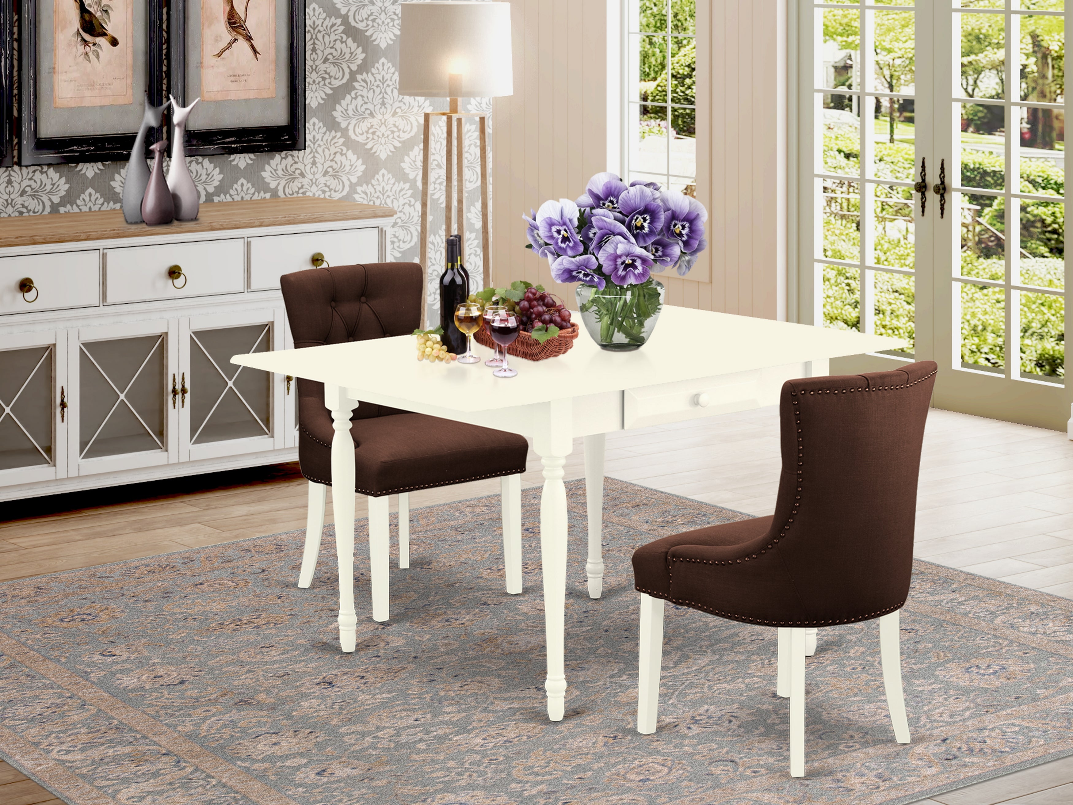 East West Furniture MZFR3-LWH-19 3Pc Dining Room Table Set Contains a Dinette Table and 2 Parson Dining Chairs with Chocolate Color Linen Fabric, Drop Leaf Table with Full Back Chairs, Linen White Finish