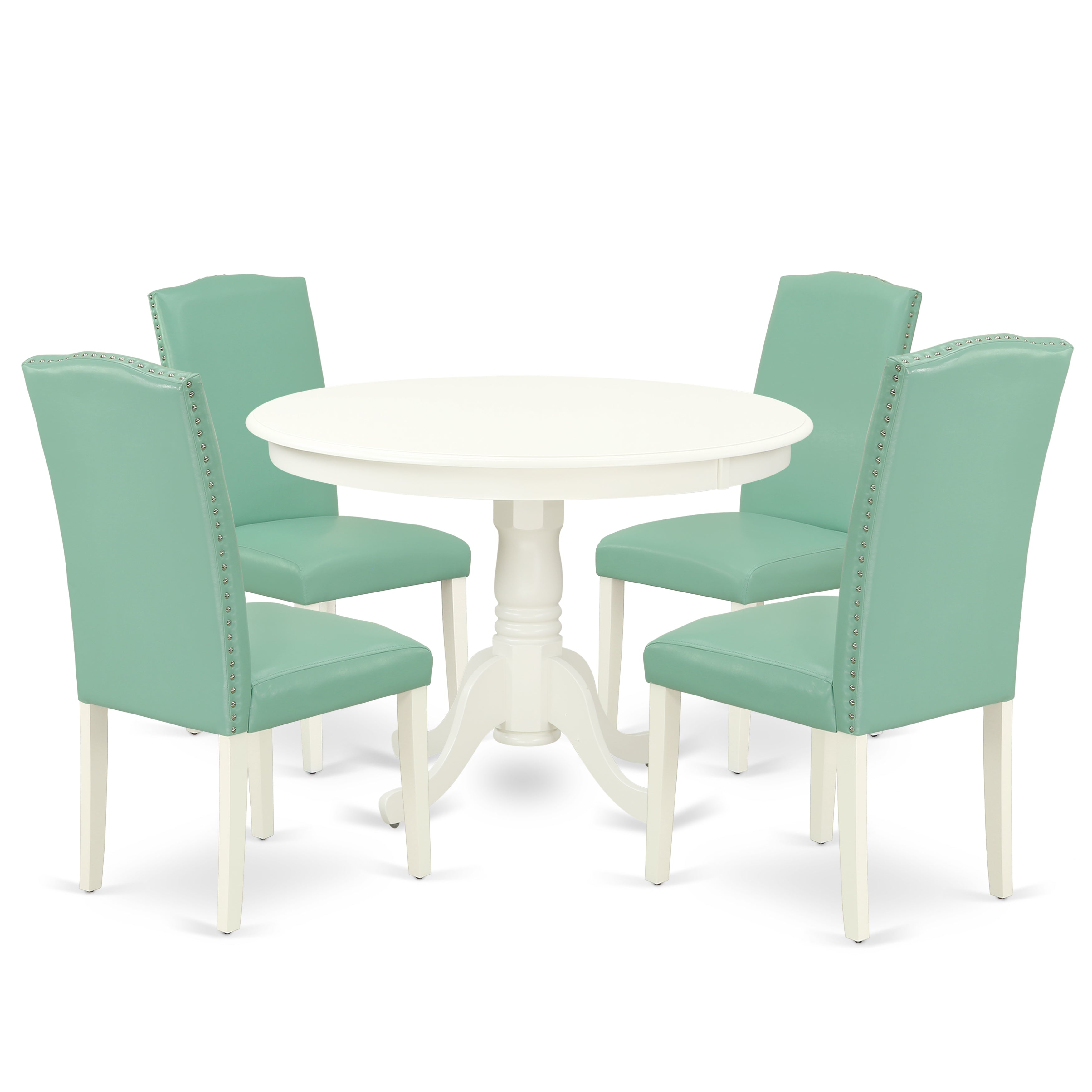 HLEN5-LWH-57 5Pc Round 42 Inch Dinette Table And Four Parson Chair With Linen White Leg And Pu Leather Color Pond