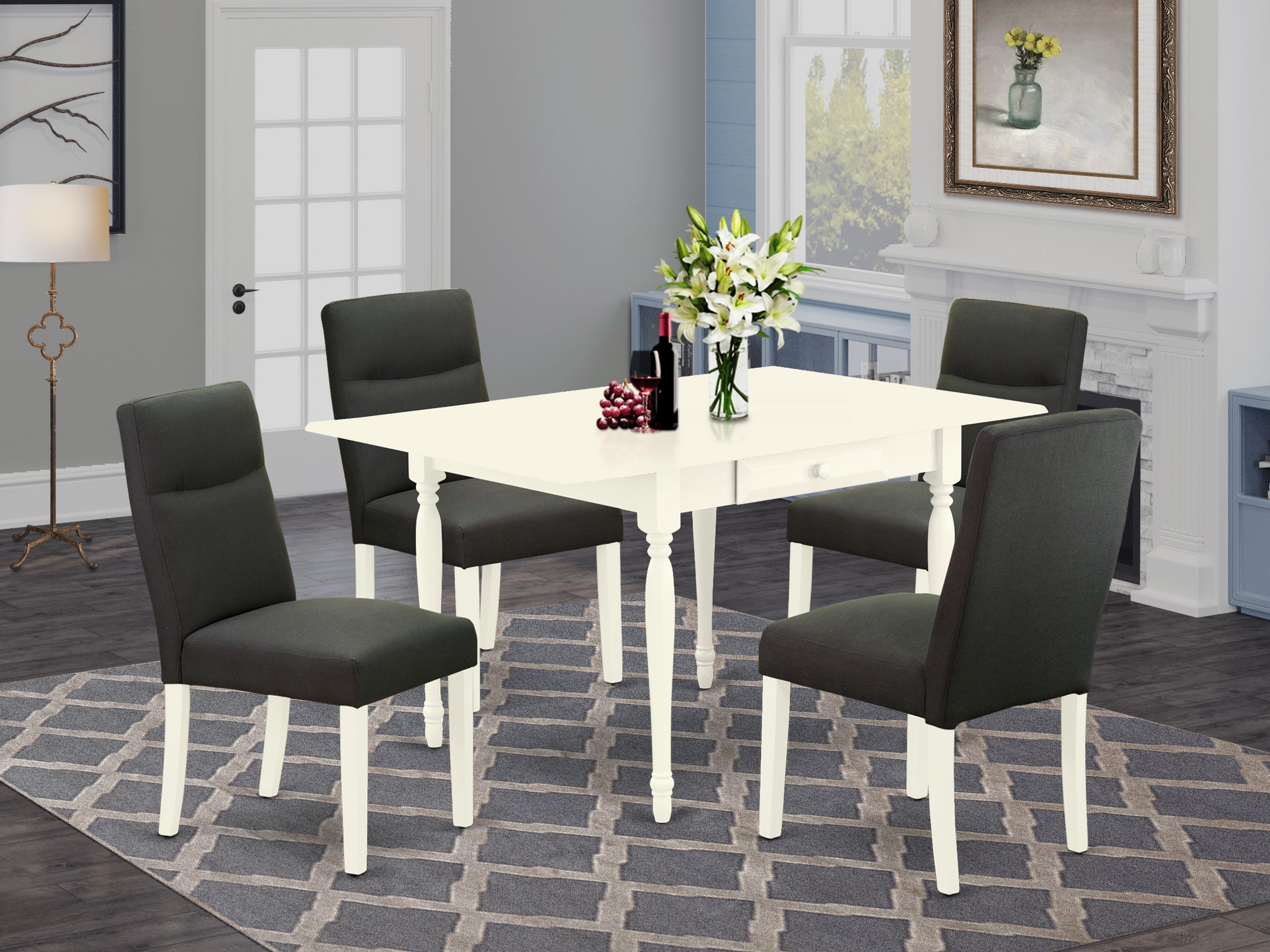 East West Furniture MZBE5-LWH-20 5Pc Dinette Sets for Small Spaces Offers a Small Kitchen Table and 4 Parson Chairs with Dark Gotham Grey Color Linen Fabric, Drop Leaf Table with Full Back Chairs, Linen White Finish