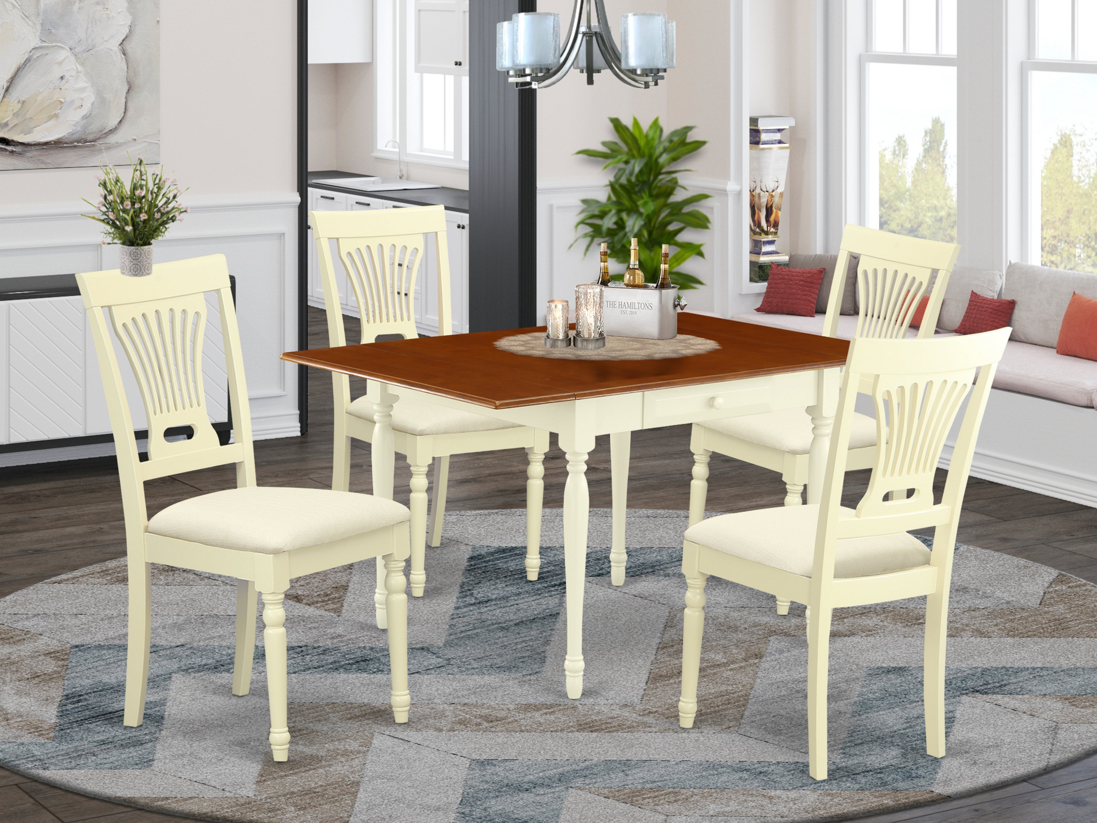 East West Furniture MZPL5-WHI-C 5 Pieces Dining Kitchen Table set - Robust Two 9-Inch Drop Down Leaves Real Wood Dining Table and 4 Microfiber Upholstery Seat Dining Room Chairs, Buttermilk and Cherry Finish