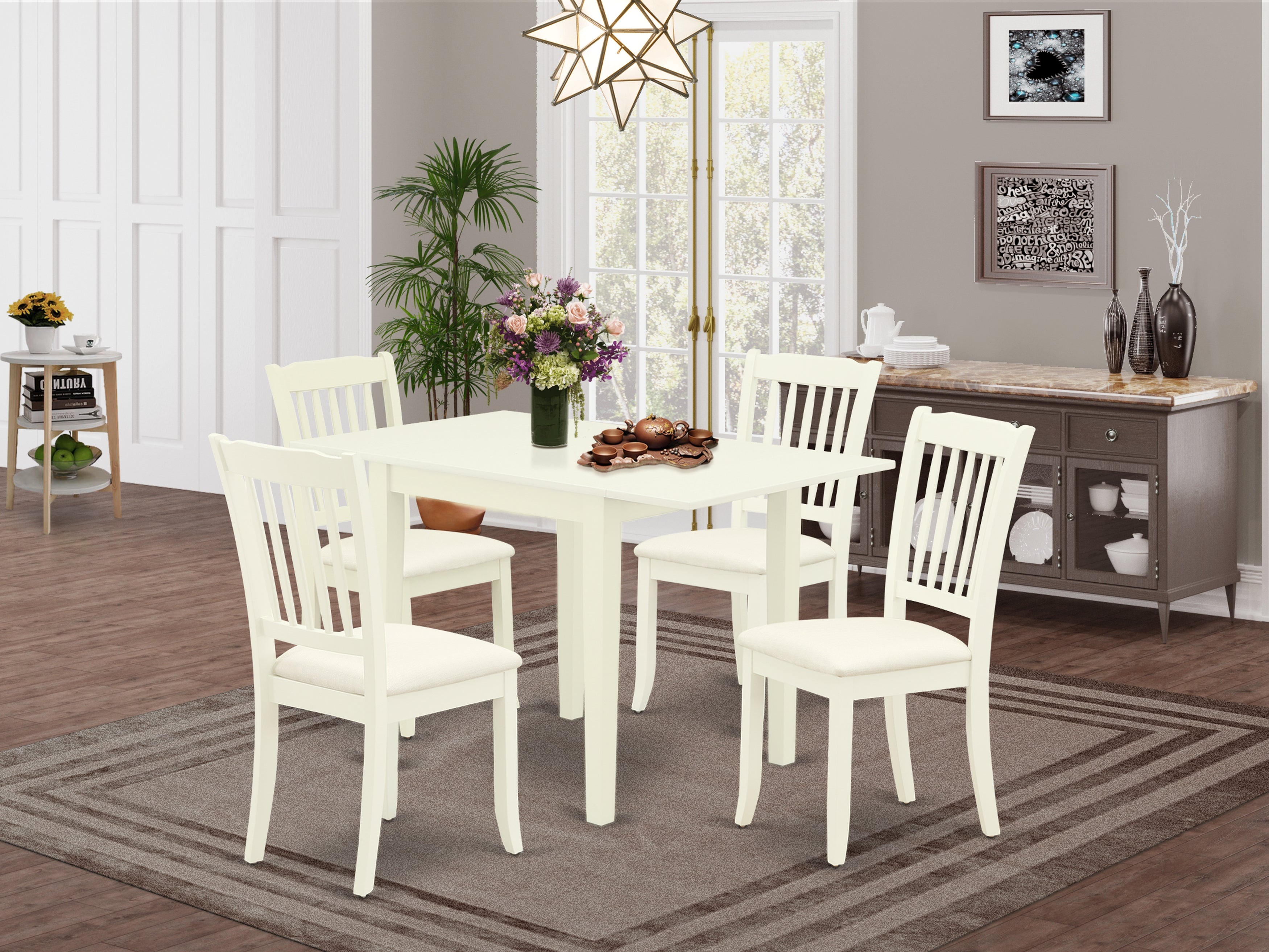 East West Furniture NDDA5-LWH-C Dining Room Table Set for 5- Four Fantastic Wooden Dining Chairs - an Amazing Wooden Table - Linen White Color Microfiber - Linen White Finish Solid wood Structure