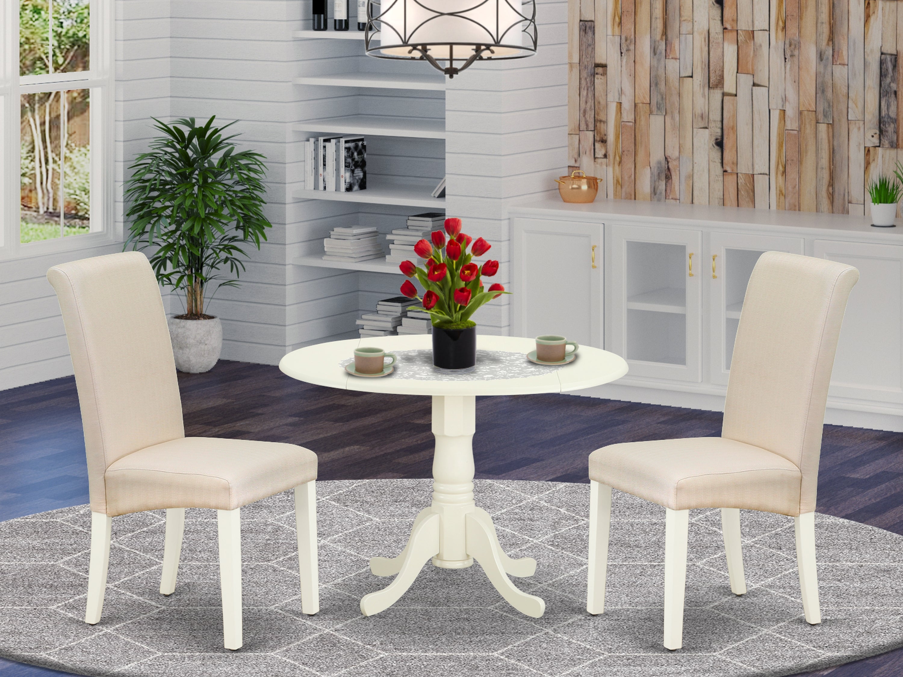 DLBA3-WHI-01 3Pc Dinette Set Includes a Small Rounded Kitchen Table with Drop Leaves and Two Parson Chairs with Cream Fabric, White Finish