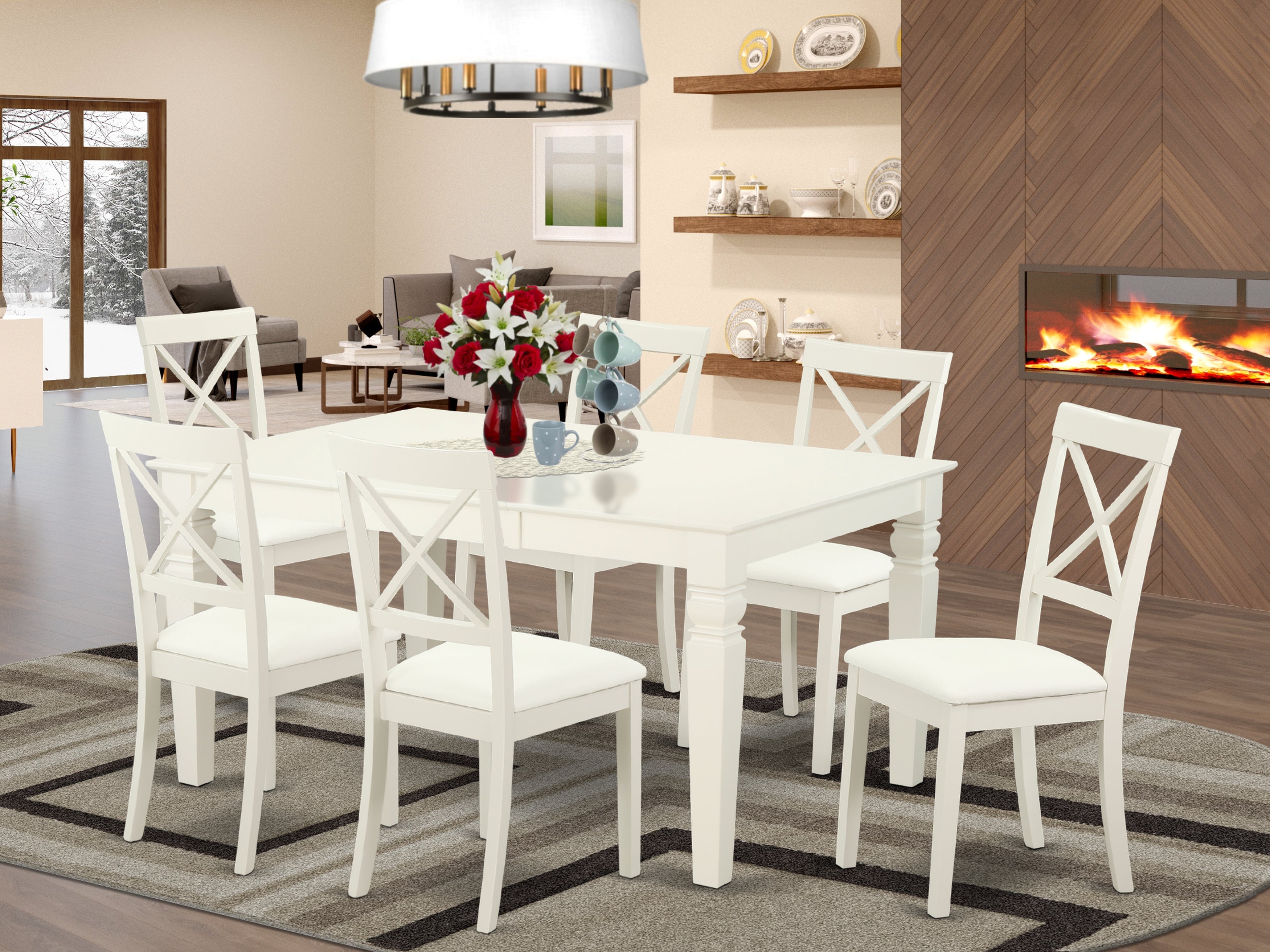 LGBO7-LWH-LC 7 Pc Dining Set With One Logan Table And Six faux leather seat Chairs Finished In Linen White Color.