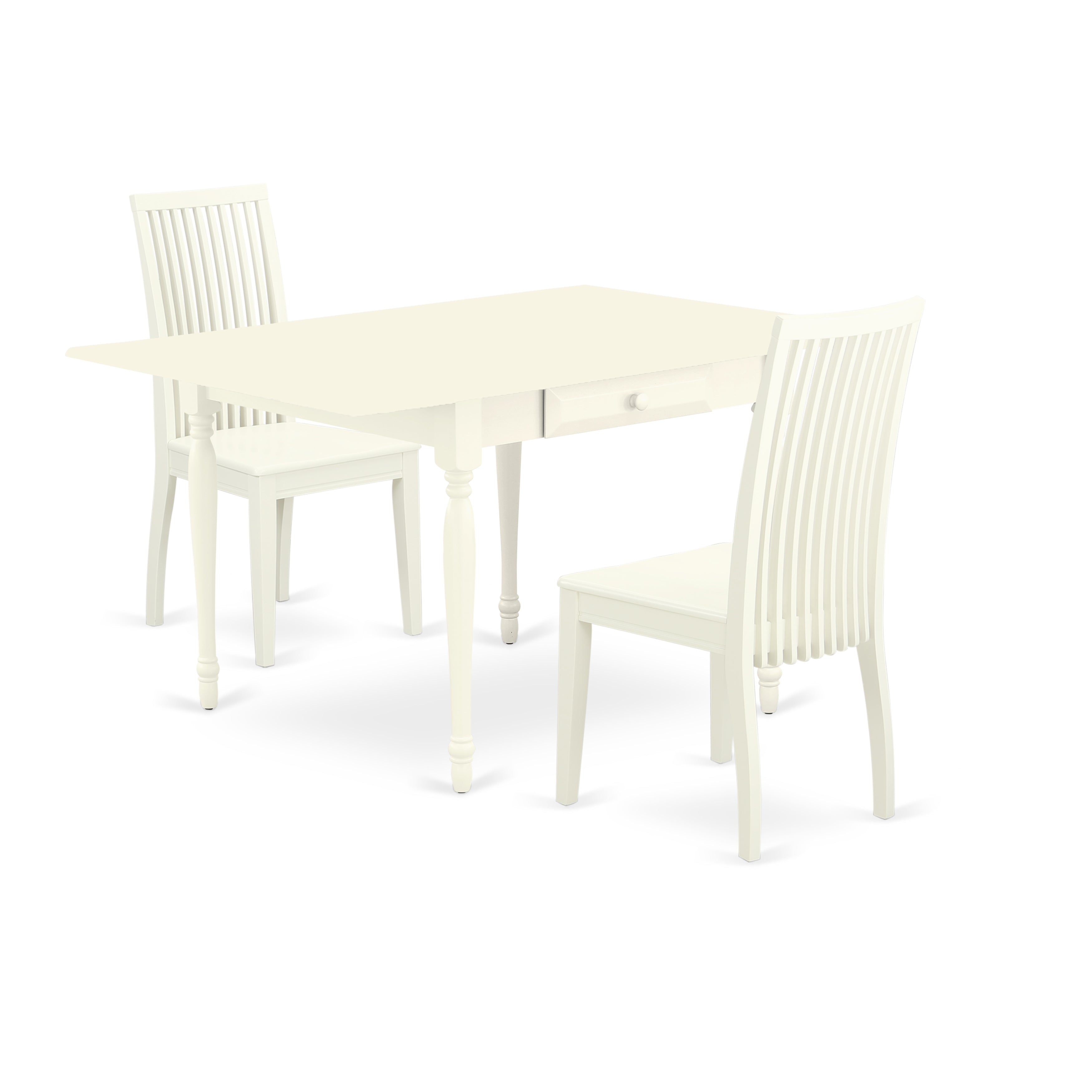 East West Furniture MZIP3-LWH-W 3 Pieces Wood Dining Table set - Robust Drop Leaf Solid Wood Rectangular Table and 2 Hardwood Seat Dining Room Chairs, Linen White Finish