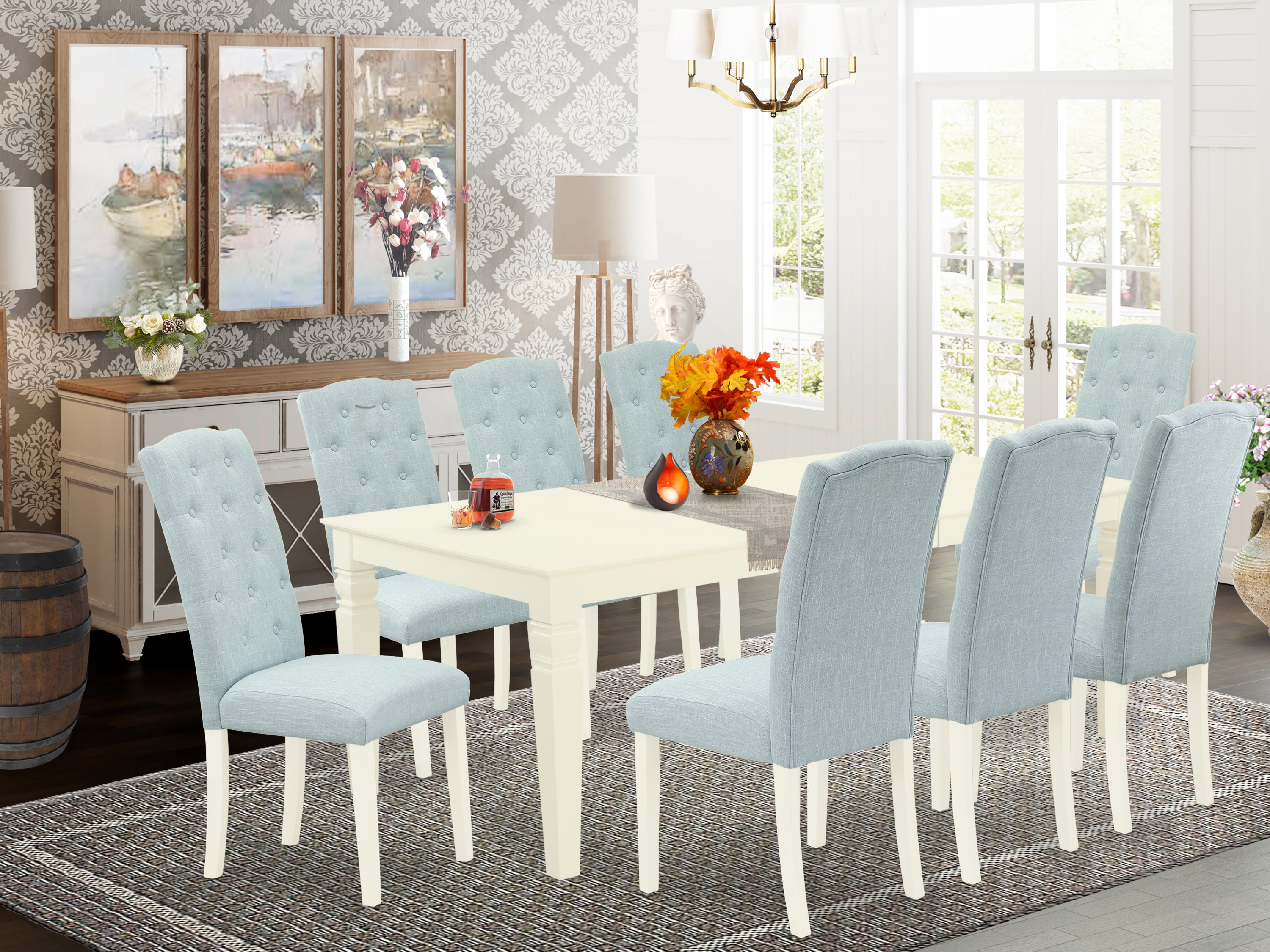 LGCE9-LWH-15 9Pc Dining Set Includes a Rectangle Dining Table with Butterfly Leaf and Eight Parson Chairs with Baby Blue Fabric, Linen White Finish