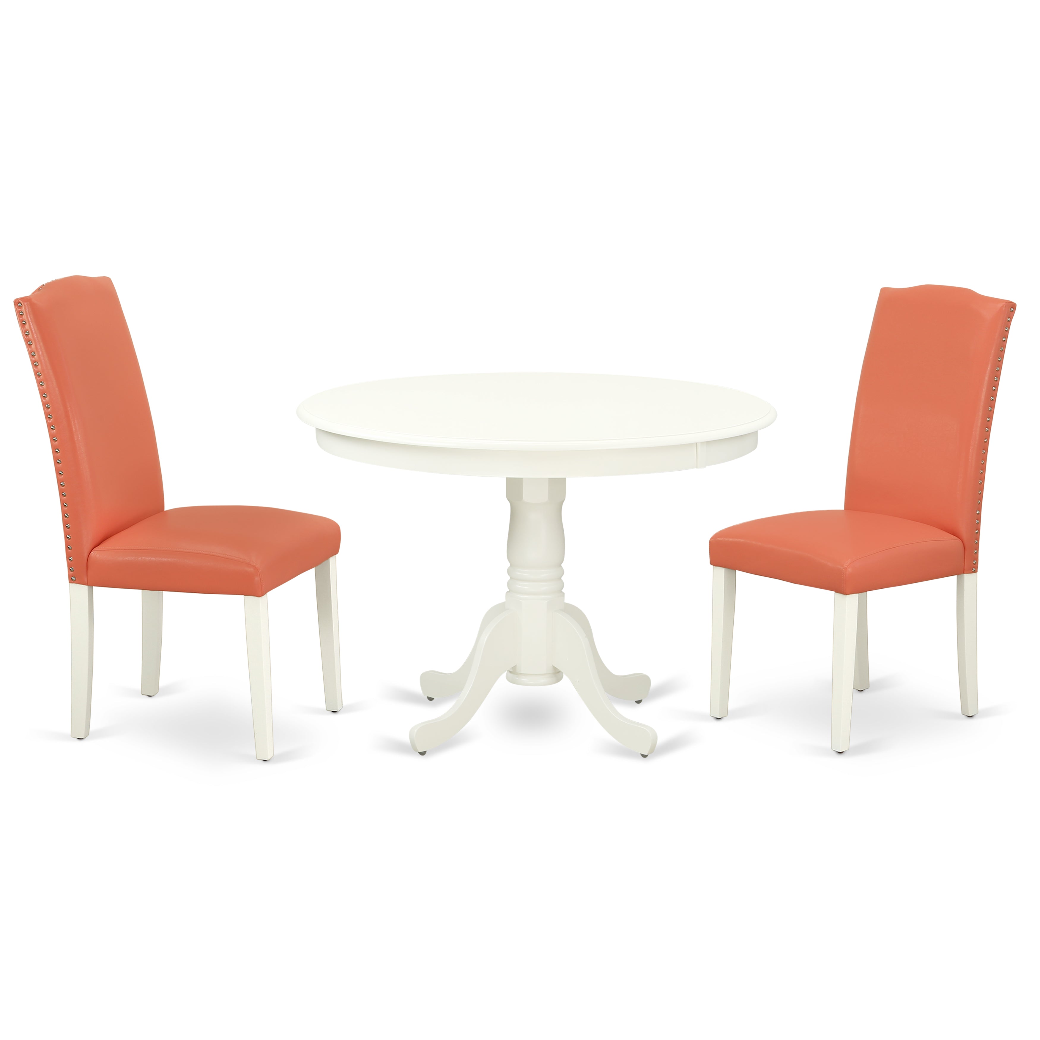 HLEN3-LWH-78 3Pc Rounded 42 Inch Dining Room Table And 2 Parson Chair With Linen White Leg And Pu Leather Color Pink Flamingo