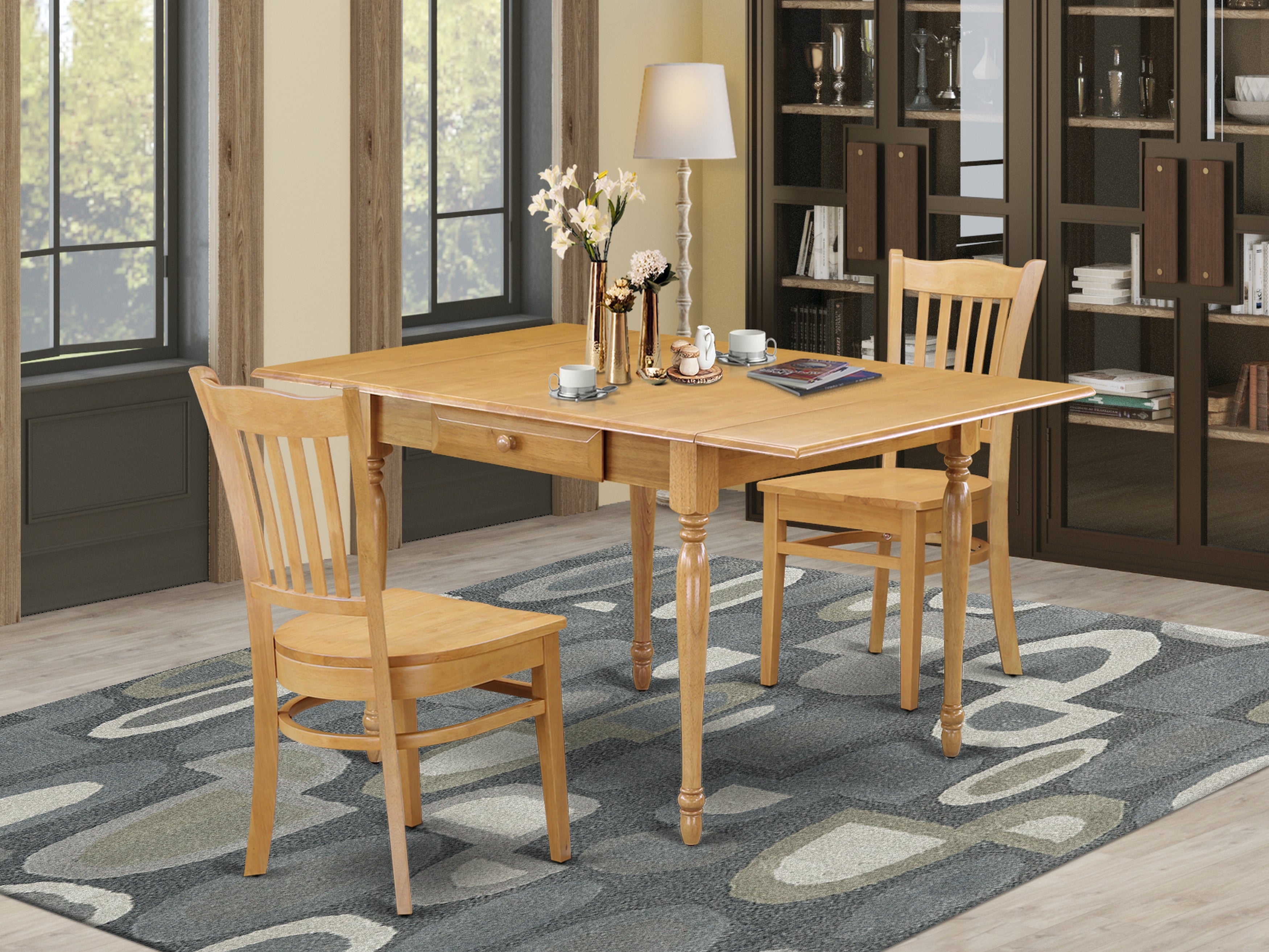 East West Furniture MZGR3-OAK-W 3 Pc Kitchen Dining Table set - Durable Two 9-Inch Drop Down Leaves Solid Wood Dining Table and 2 Solid Wood Seat Dinette Chairs, Oak Finish