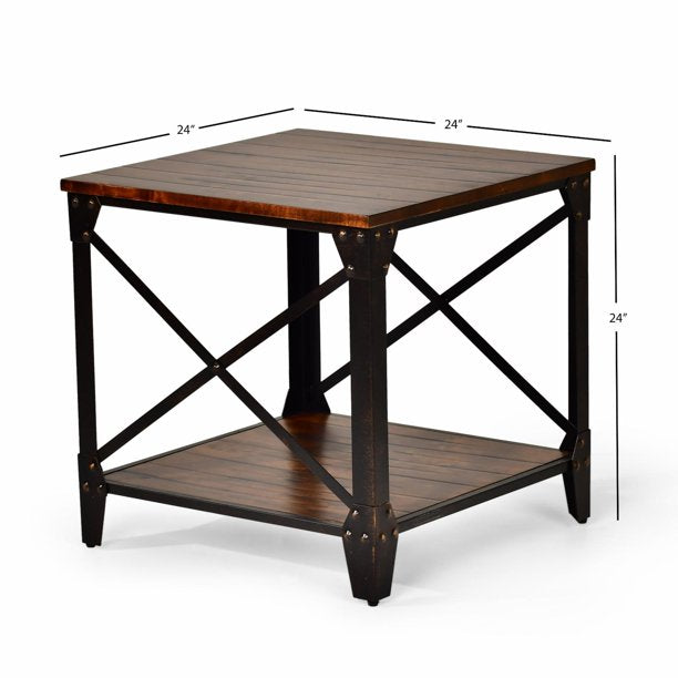 Winston Square Distressed Tobacco Wood and Metal End Table