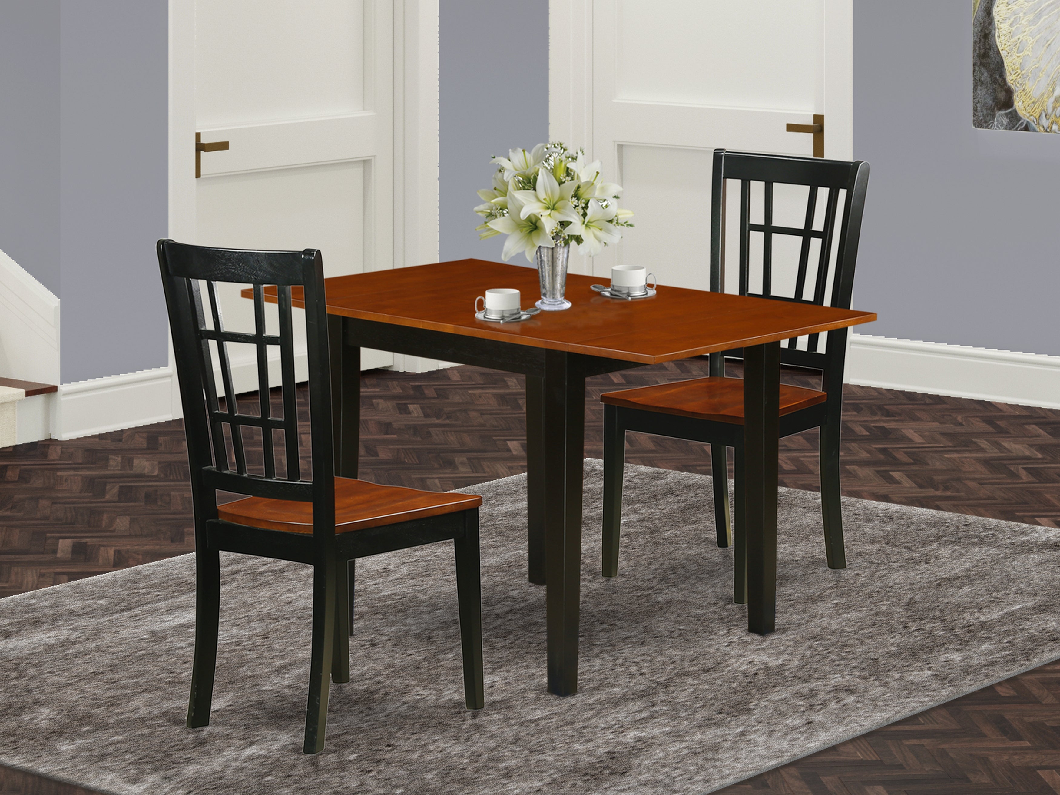 East West Furniture NDNI3-BCH-W 3Pc Dinette Set Features a Dining Table and 2 Dining Chairs with Asian Hardwood Seat and Panel Back, Black and Cherry Finish