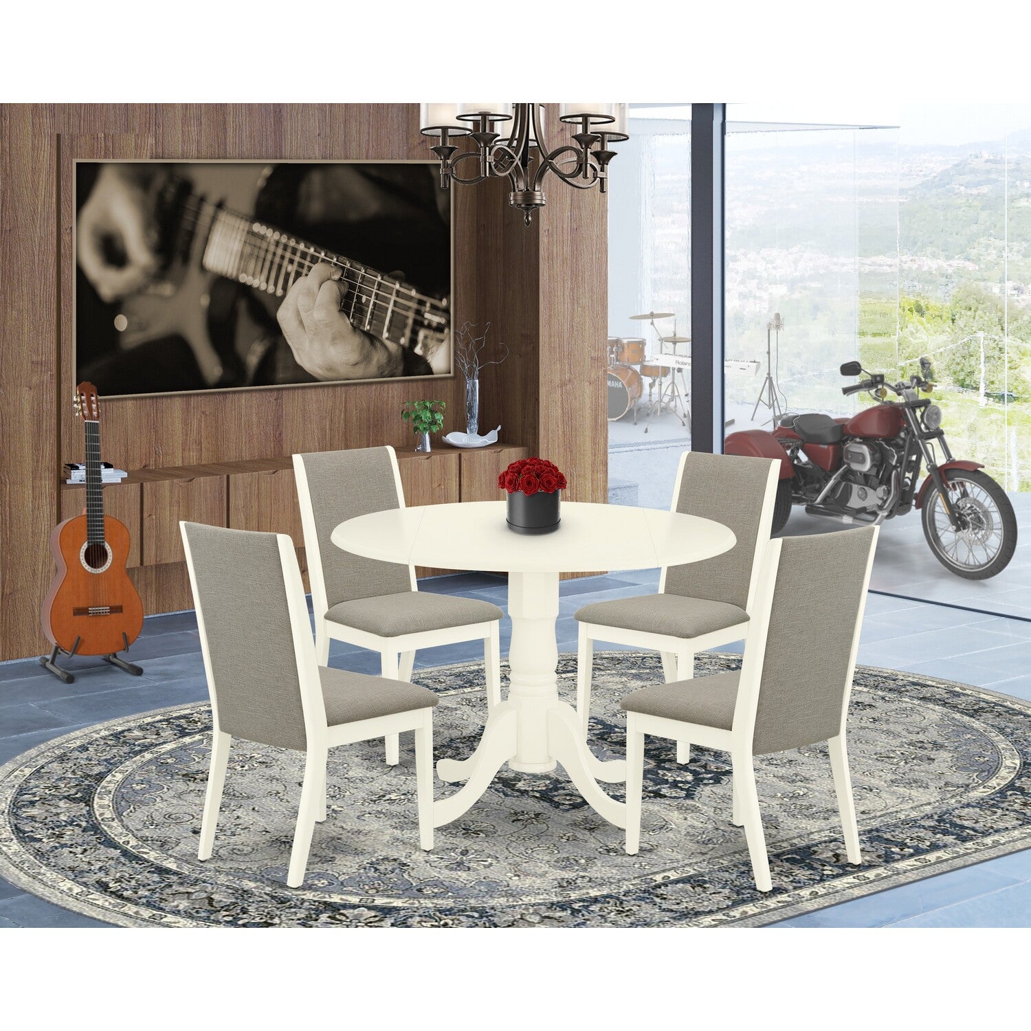 5 PC Round DropLeaf 42"Linen White & Shitake Dining Table And 4 Parson Chair Set