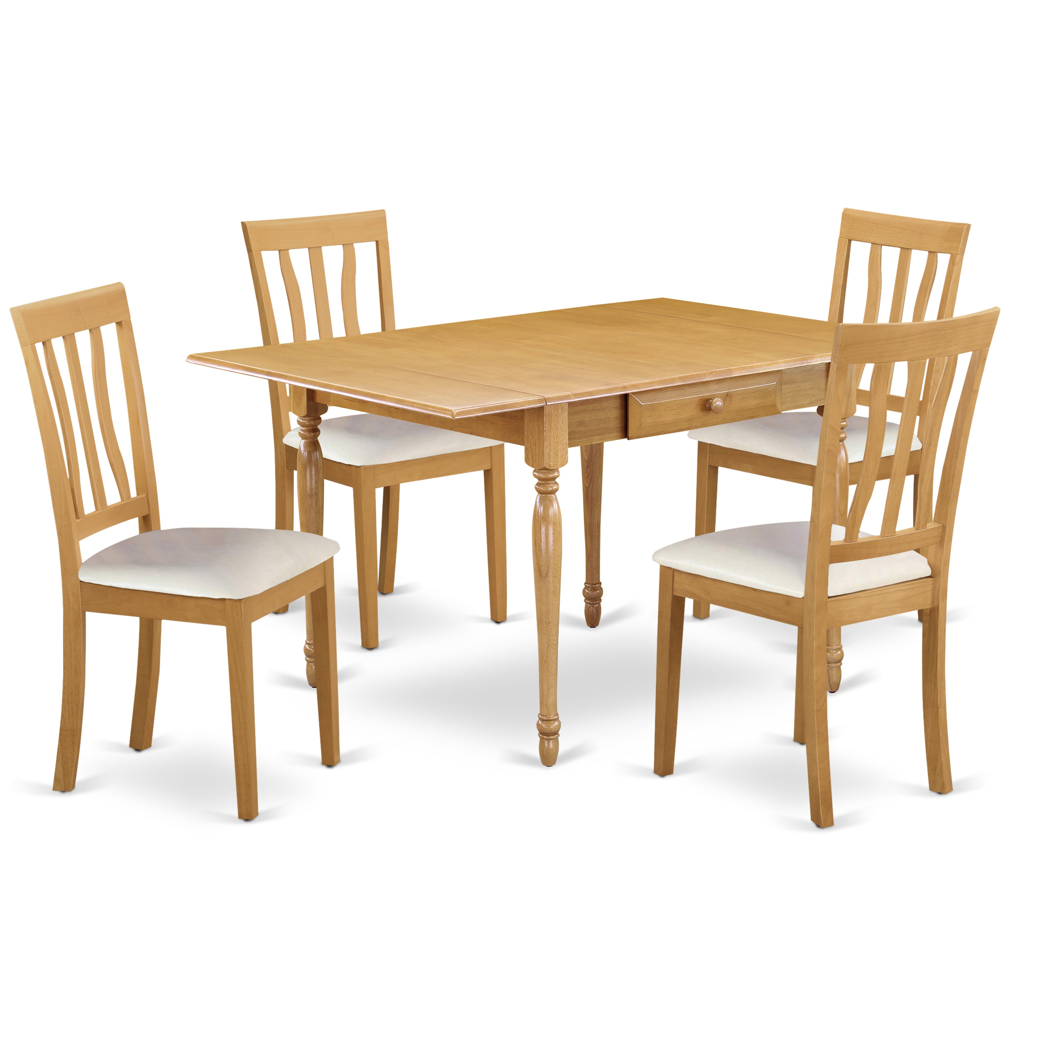 East West Furniture MZAN5-OAK-LC 5Pc Wood Dining Table Set Includes a Wood Dining Table and 4 Wooden Dining Chairs with Faux Leather Seat, Drop Leaf Table with Slat Back Chairs, Oak Finish