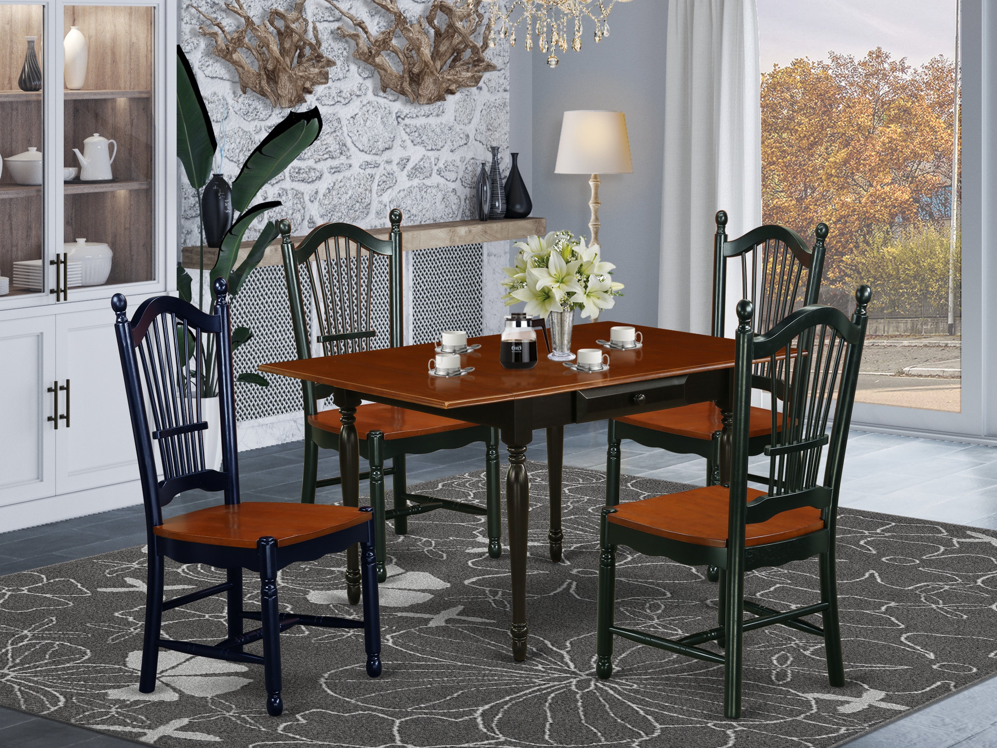 East West Furniture MZDO5-BCH-W 5Pc Kitchen Set Contains a Kitchen Table and 4 Dining Chairs with Solid Wood Seat, Drop Leaf Table with Panel Back Chairs, Black and Cherry Finish