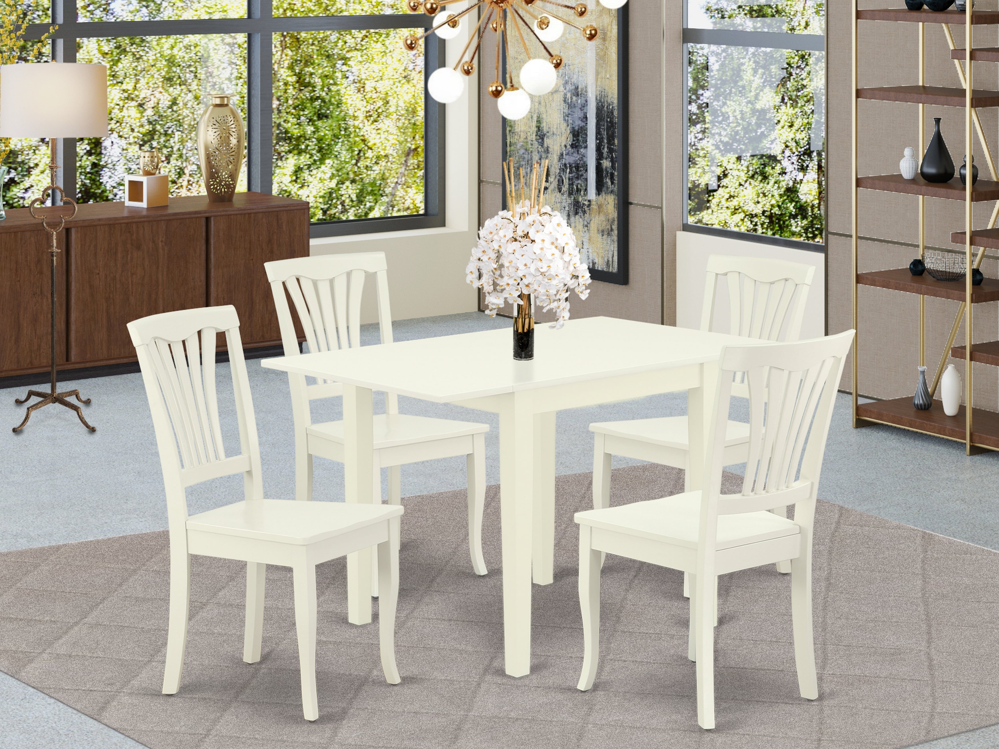 East West Furniture NDAV5-LWH-W Dining Set 5 Pc- 4 Marvelous Kitchen Dining Chairs and an Eye-catching Wooden Dining Table - Linen White Finish Wooden Chair Seat - Linen White Finish Hardwood Structure.