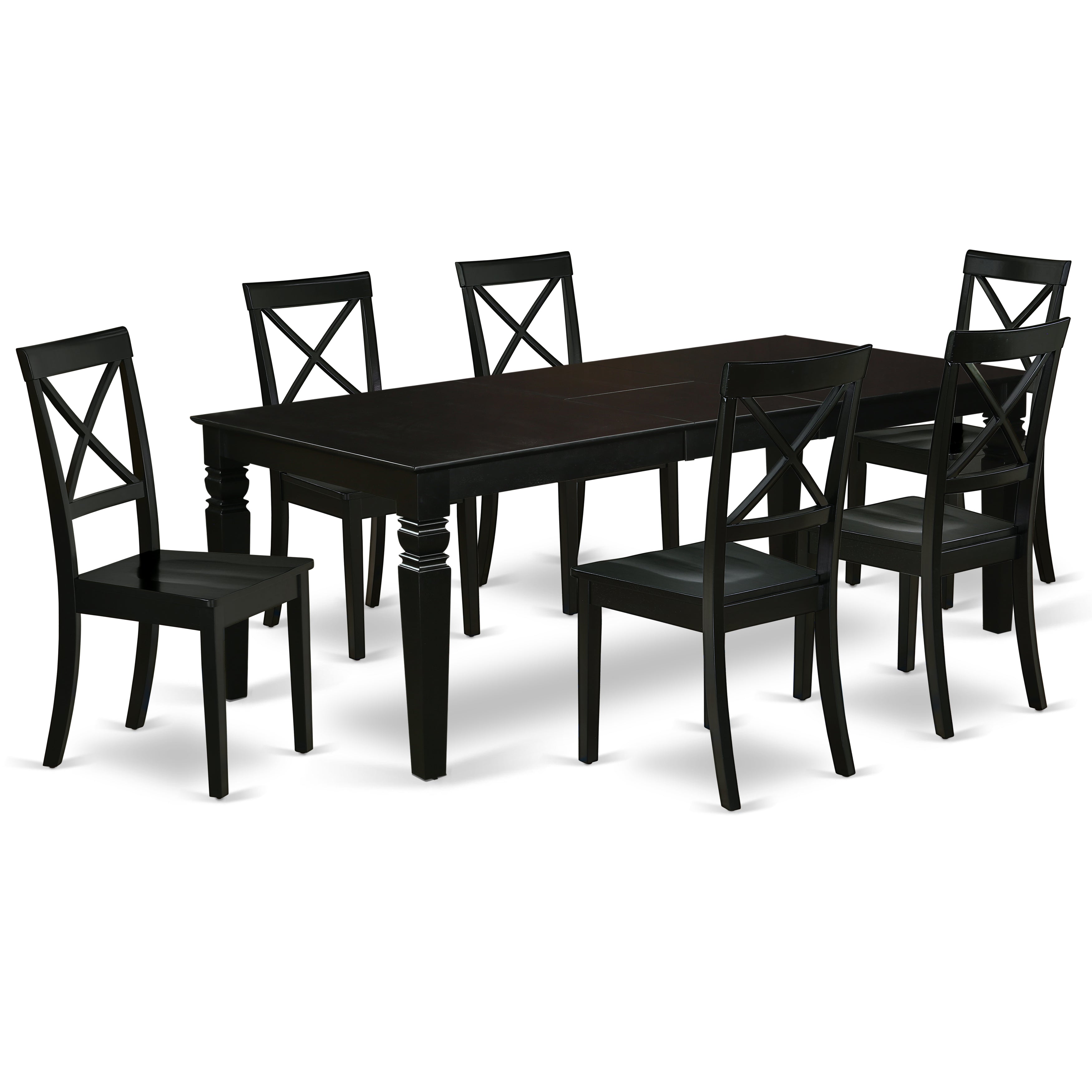 LGBO7-BLK-W 7Pc Rectangular 66/84 Inch Dining Table With 18 In Self Storing Butterfly Leaf And Six Wood Seat Dining Chairs