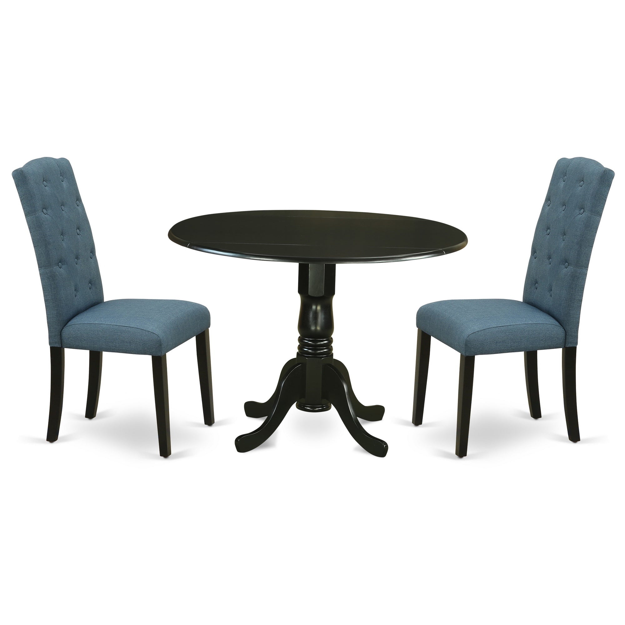 DLCE3-BLK-21 3Pc Dinette Set Includes a Rounded Kitchen Table with Drop Leaves and Two Parson Chairs with Blue Fabric, Black Finish