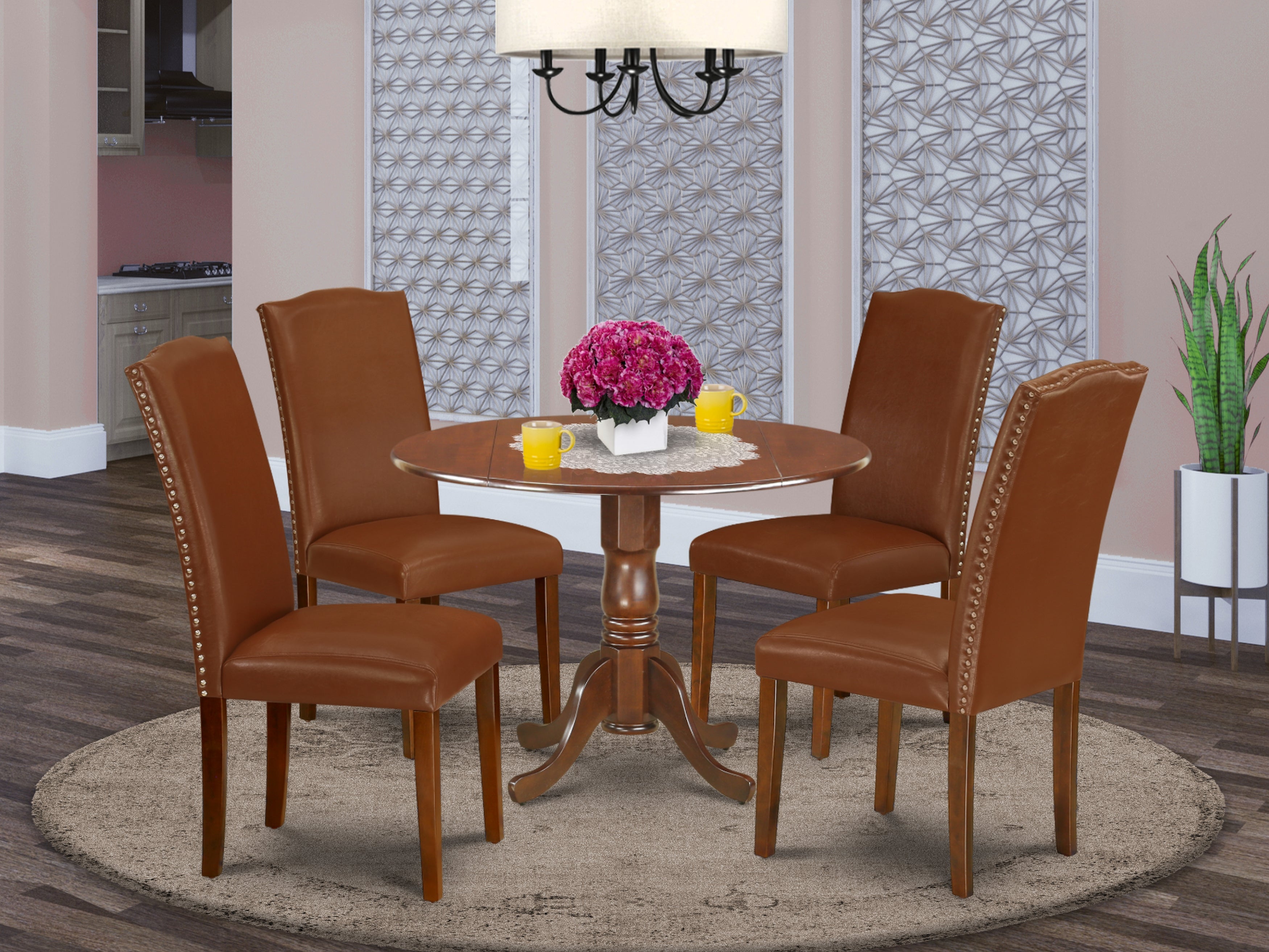 DLEN5-MAH-66 5Pc Round 42" Kitchen Table With Two 9-Inch Drop Leaves And Four Parson Chair With Mahogany Leg And Brown Flaux Leather