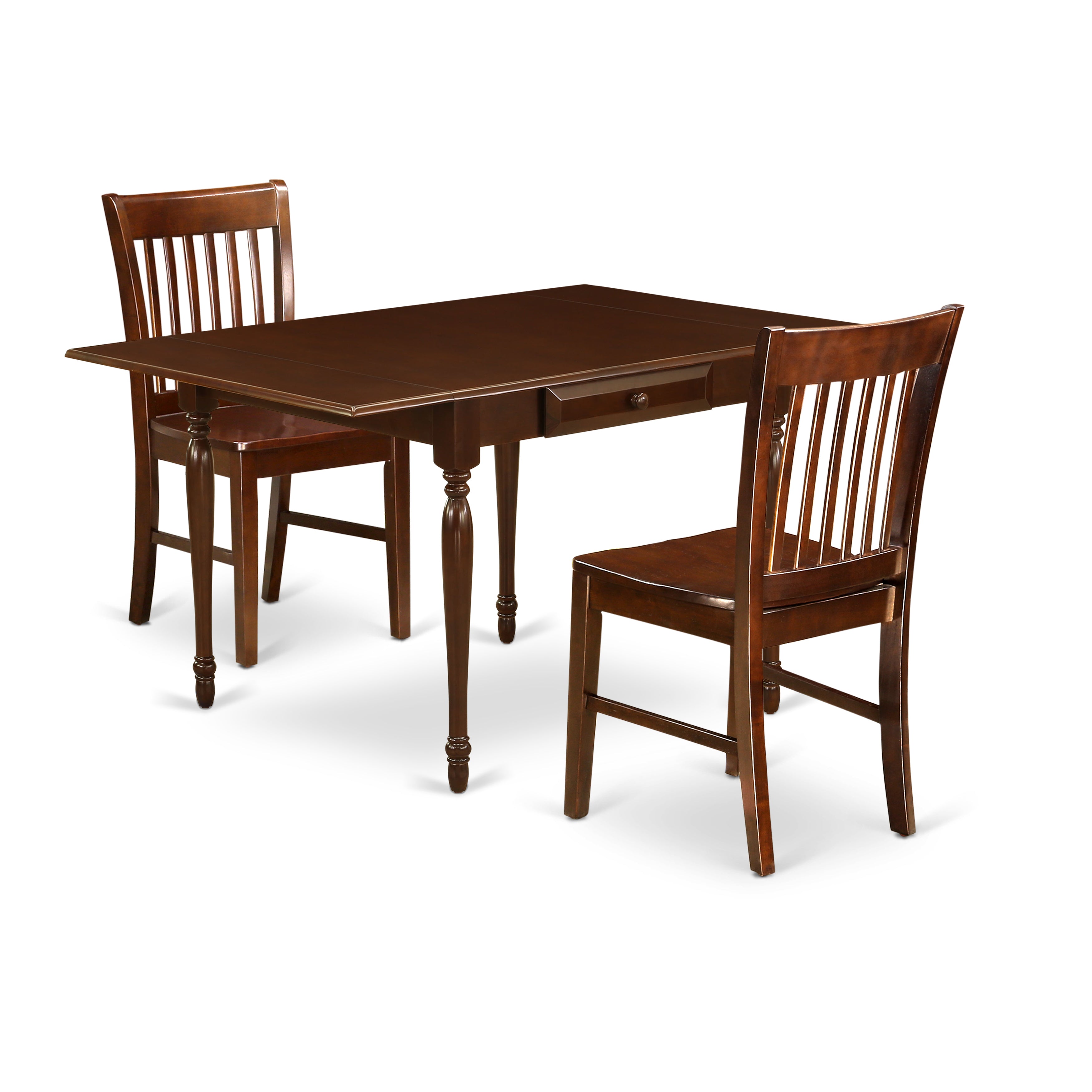 East West Furniture MZNO3-MAH-W 3 Pieces Wooden Dining Table set - Strong Drop Leaf Wooden Dining Table and 2 Hardwood Seat Dining Chairs, Mahogany Finish