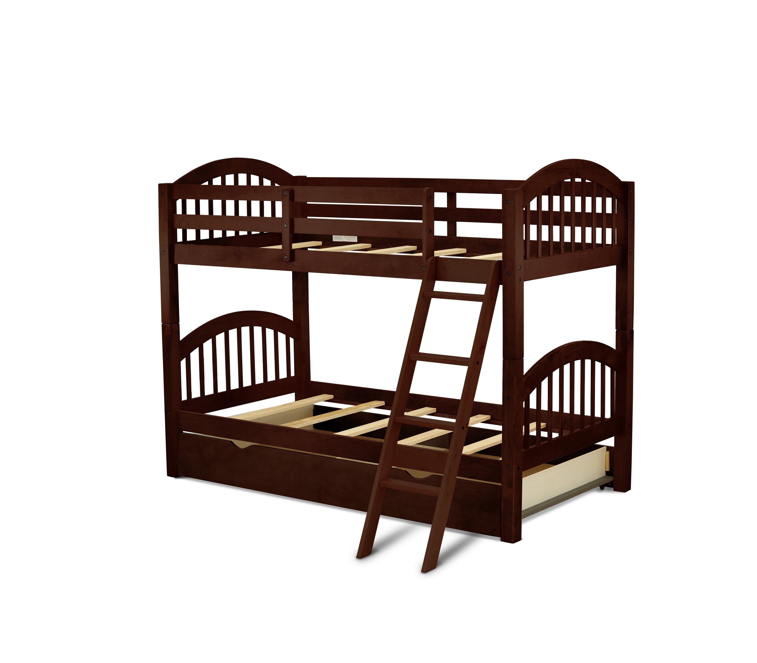 East West Furniture Verona Twin Bunk Bed in Java Finish with Convertible Trundle & Drawer