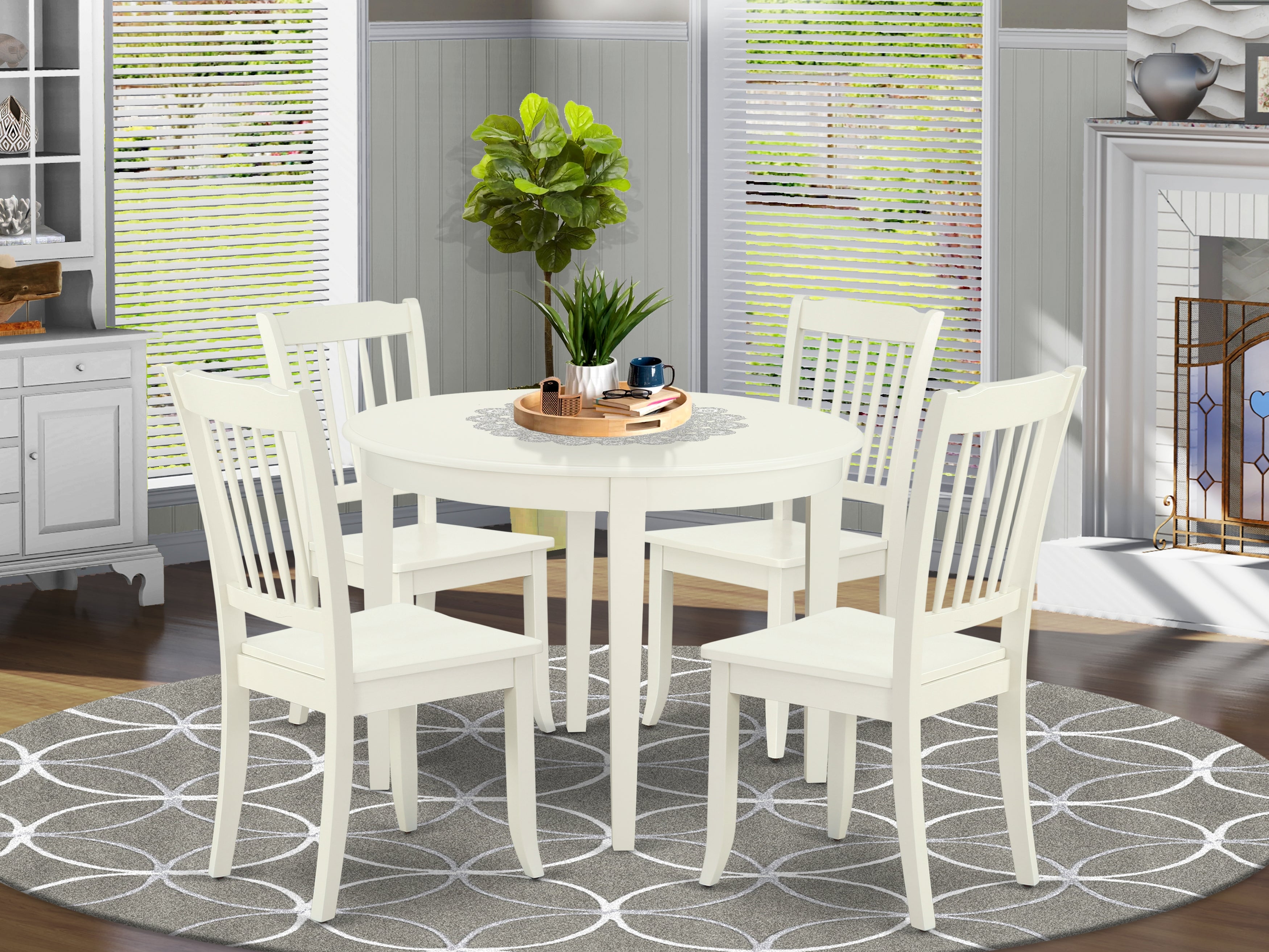 BODA5-LWH-W 5PC Round 42 inch Table and 4 vertical slatted Chairs
