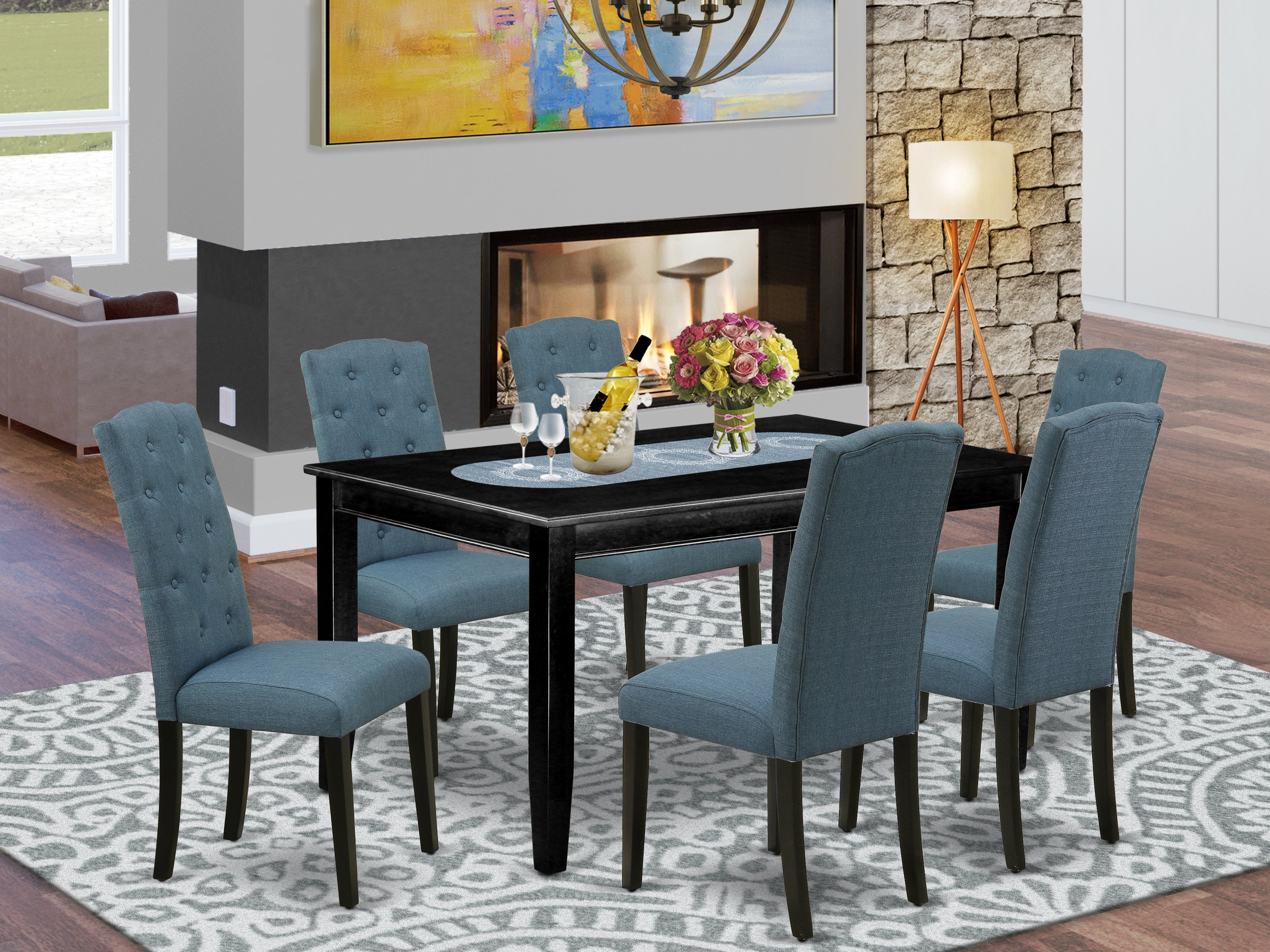 DUCE7-BLK-21 7Pc Dinette Set Includes a Rectangular Kitchen Table and Six Parson Chairs with Blue Fabric, Black Finish