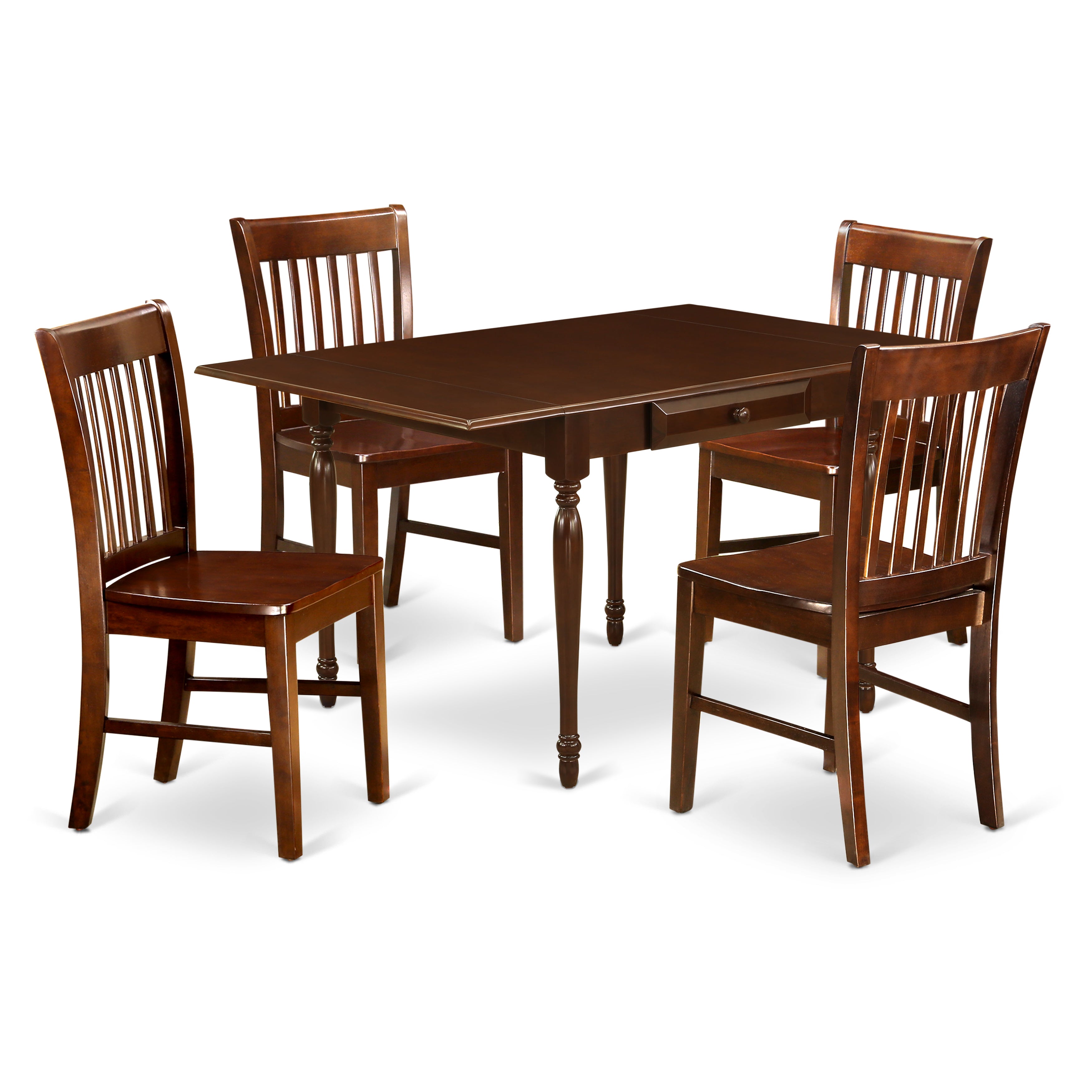 East West Furniture MZNO5-MAH-W 5 Pieces Kitchen Table set - Heavy Duty Drop Leaf Hardwood Modern Dining Table and 4 Real Wood Seat Dining Room Chairs, Mahogany Finish