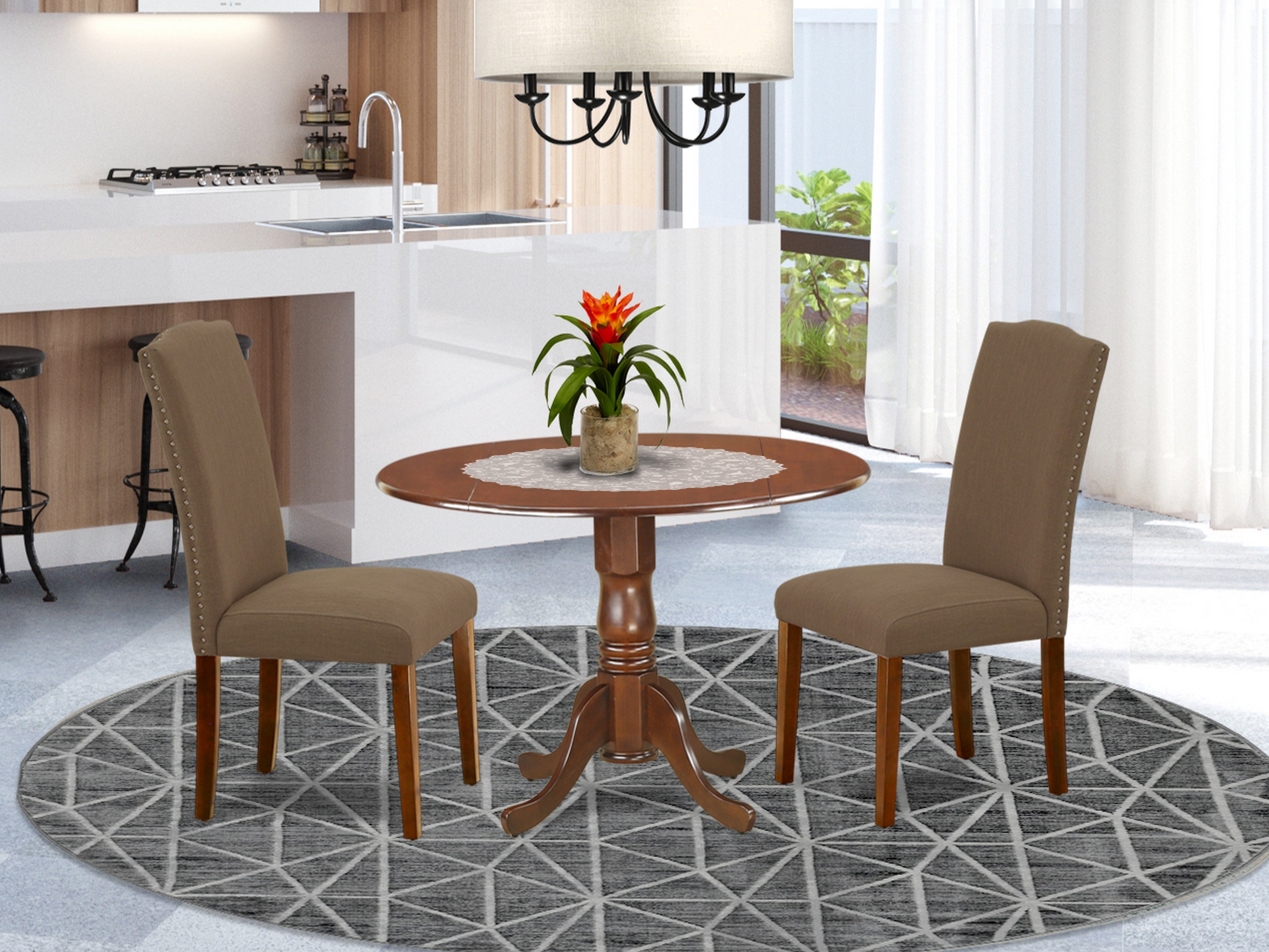 DLEN3-MAH-18 3Pc Round 42 Inch Kitchen Table With Two 9-Inch Drop Leaves And A Pair Of Parson Chair With Mahogany Leg And Linen Fabric Dark Coffee