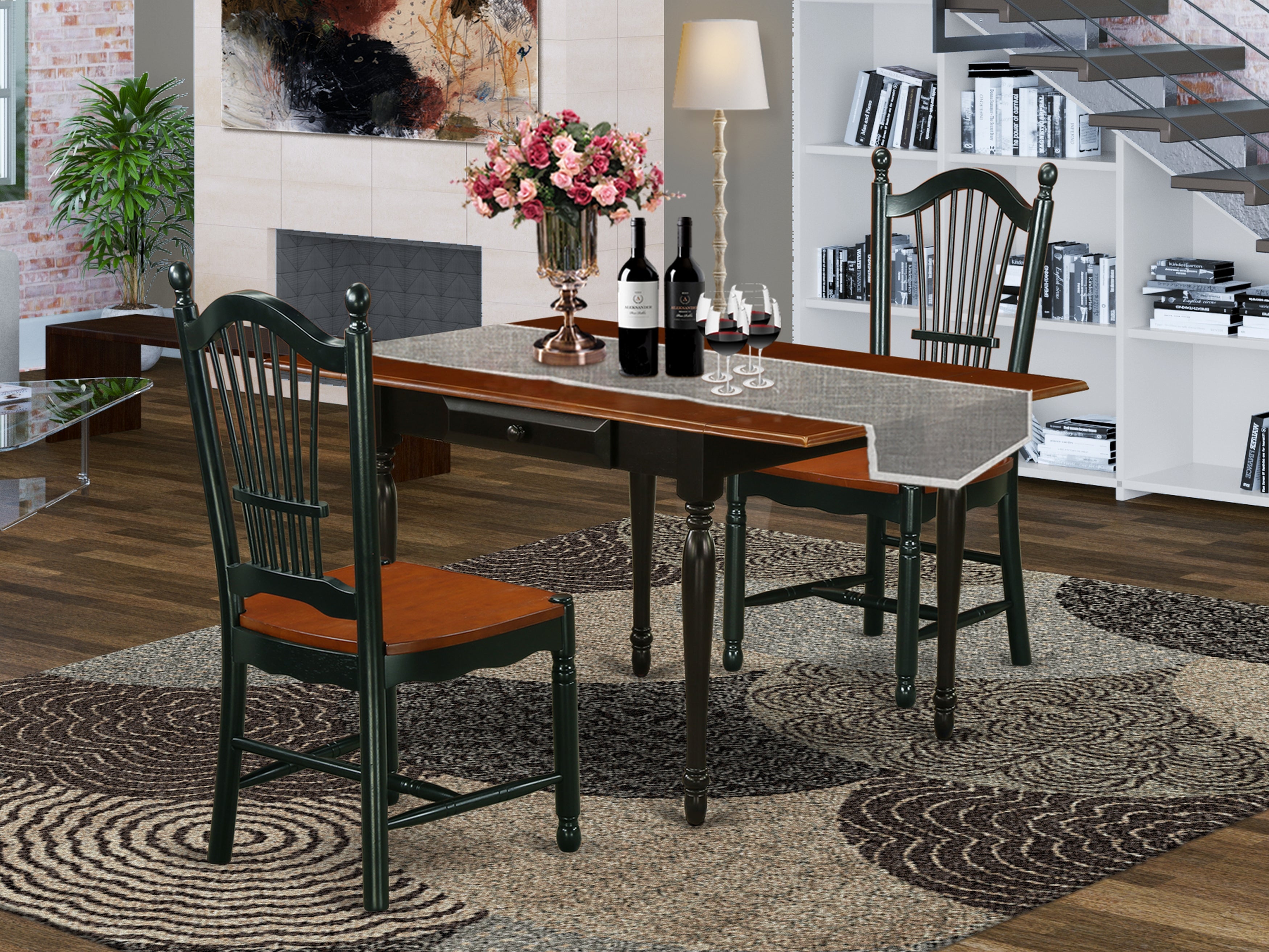 East West Furniture MZDO3-BCH-W 3Pc Dining Table Set for 2 Offers a Dinette Table and 2 Modern Dining Chairs with Wooden Seat, Drop Leaf Table with Panel Back Chairs, Black and Cherry Finish